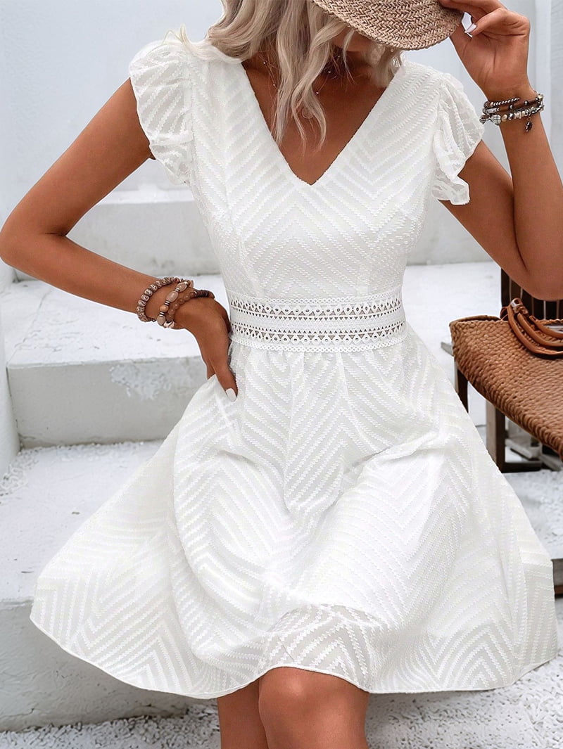 ChantMantras Women's Flutter Sleeve Lace Waist Mini Dress in White (photo 4)