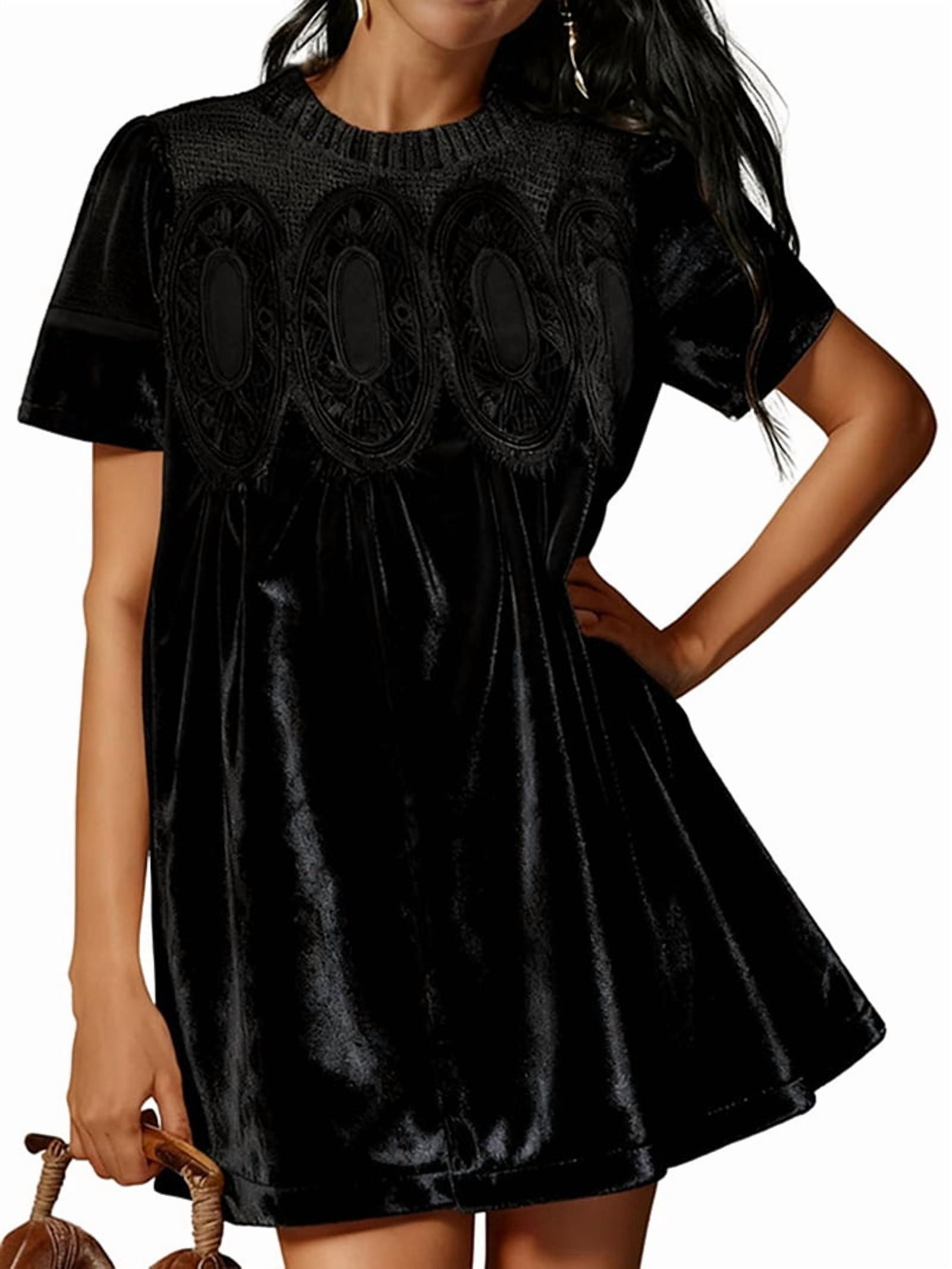 ChantMantras Women's Short Sleeve Velvet Babydoll Dress with Lace Yoke in Black (photo 2)
