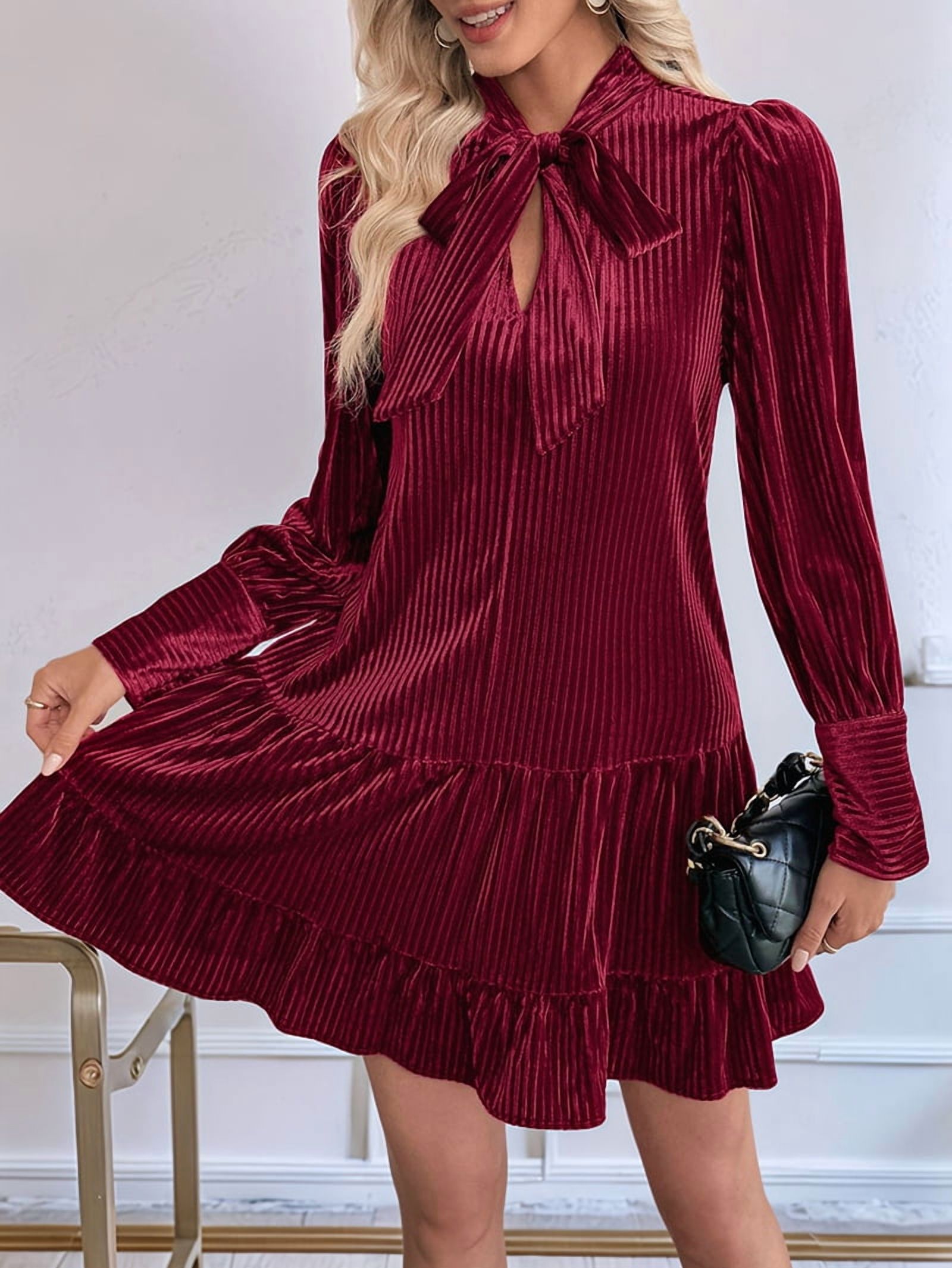 ChantMantras Women's Bow Tie Neck Velvet Babydoll Mini Dress in Wine Red (photo 4)