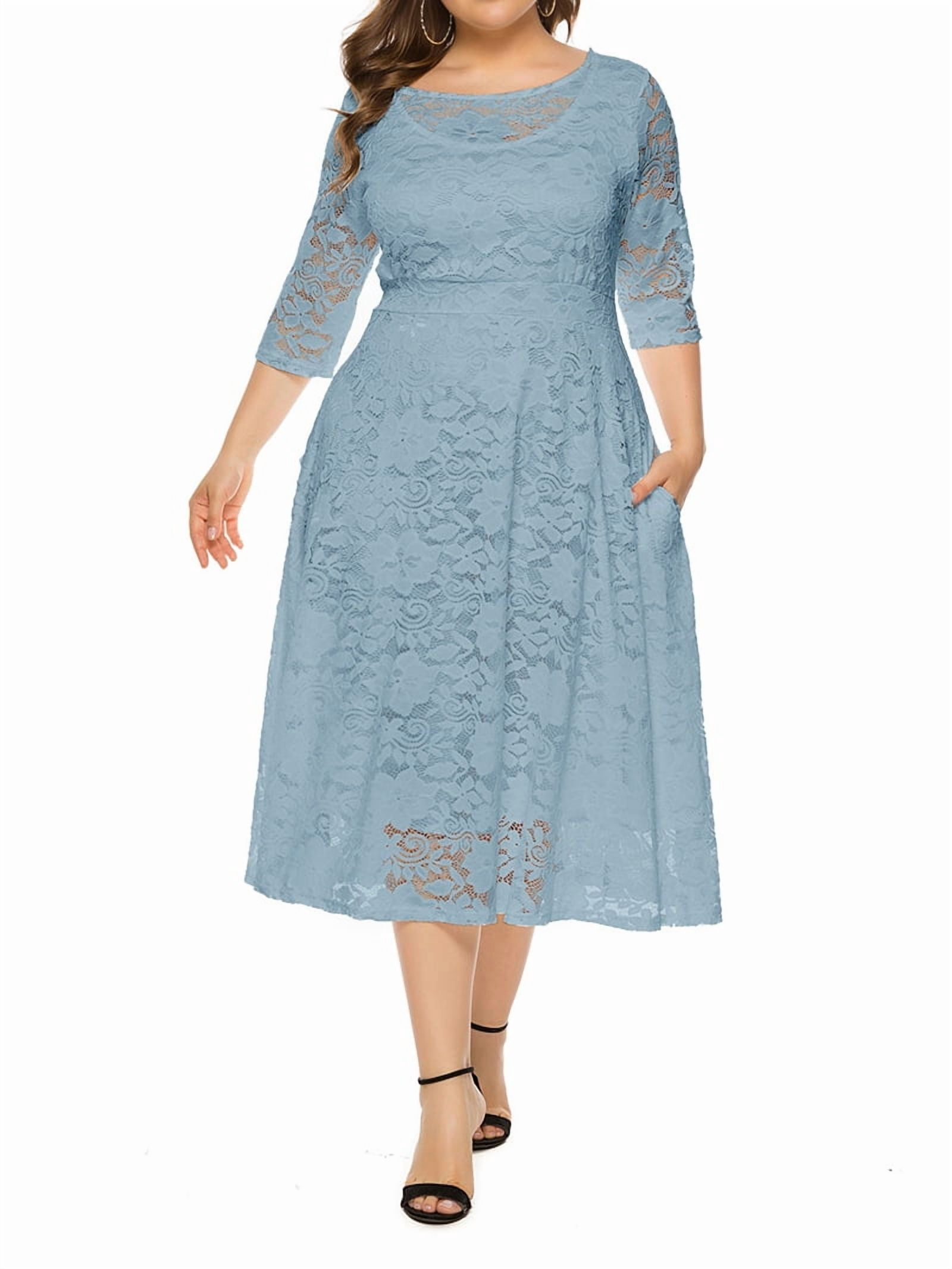 ChantMantras Women's Floral Lace Midi Dress with Pockets in Dusty Blue (photo 3)