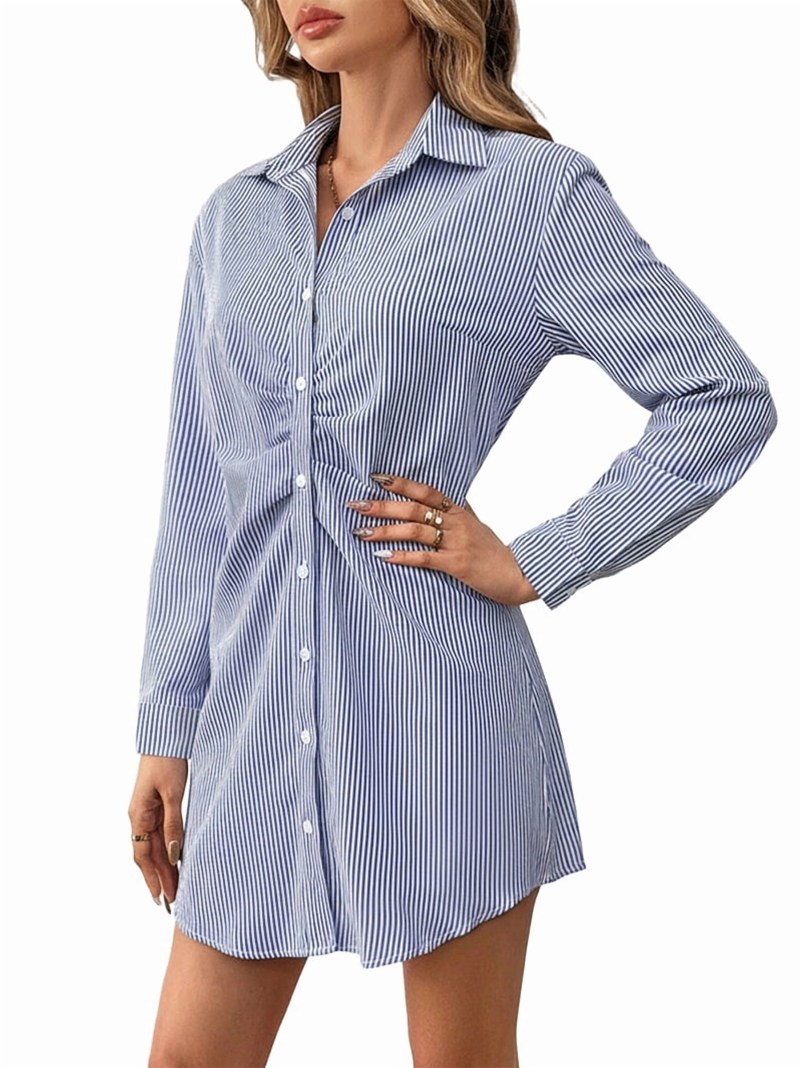 ChantMantras Women's Striped Ruched Waist Shirt Dress in Blue and White