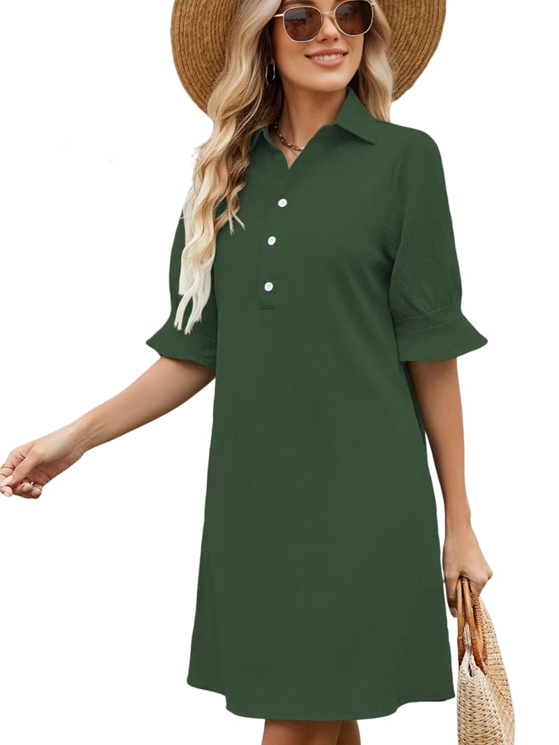 ChantMantras Women's Ruffle Sleeve Shirt Dress with Pockets in Green (photo 2)