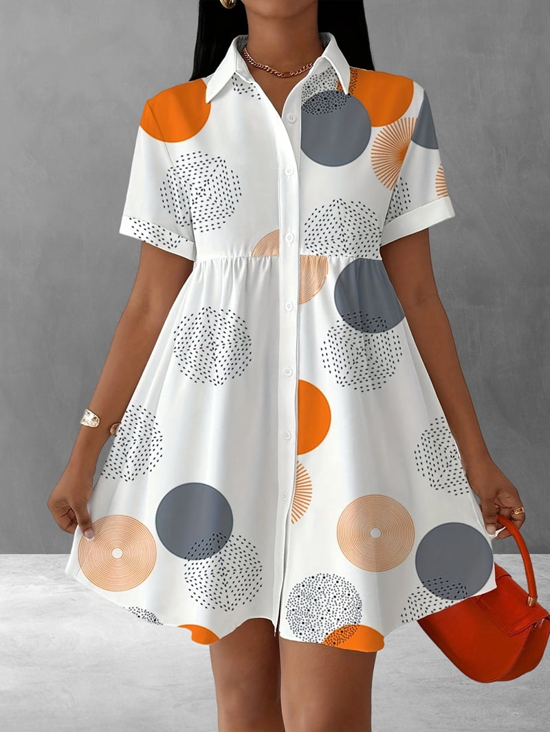 ChantMantras Women's Short Sleeve Circle Print Shirt Dress in White (photo 6)