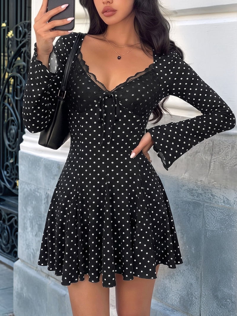 ChantMantras Women's Polka Dot Lace Trim Long Sleeve Mini Dress in Black (photo 4)