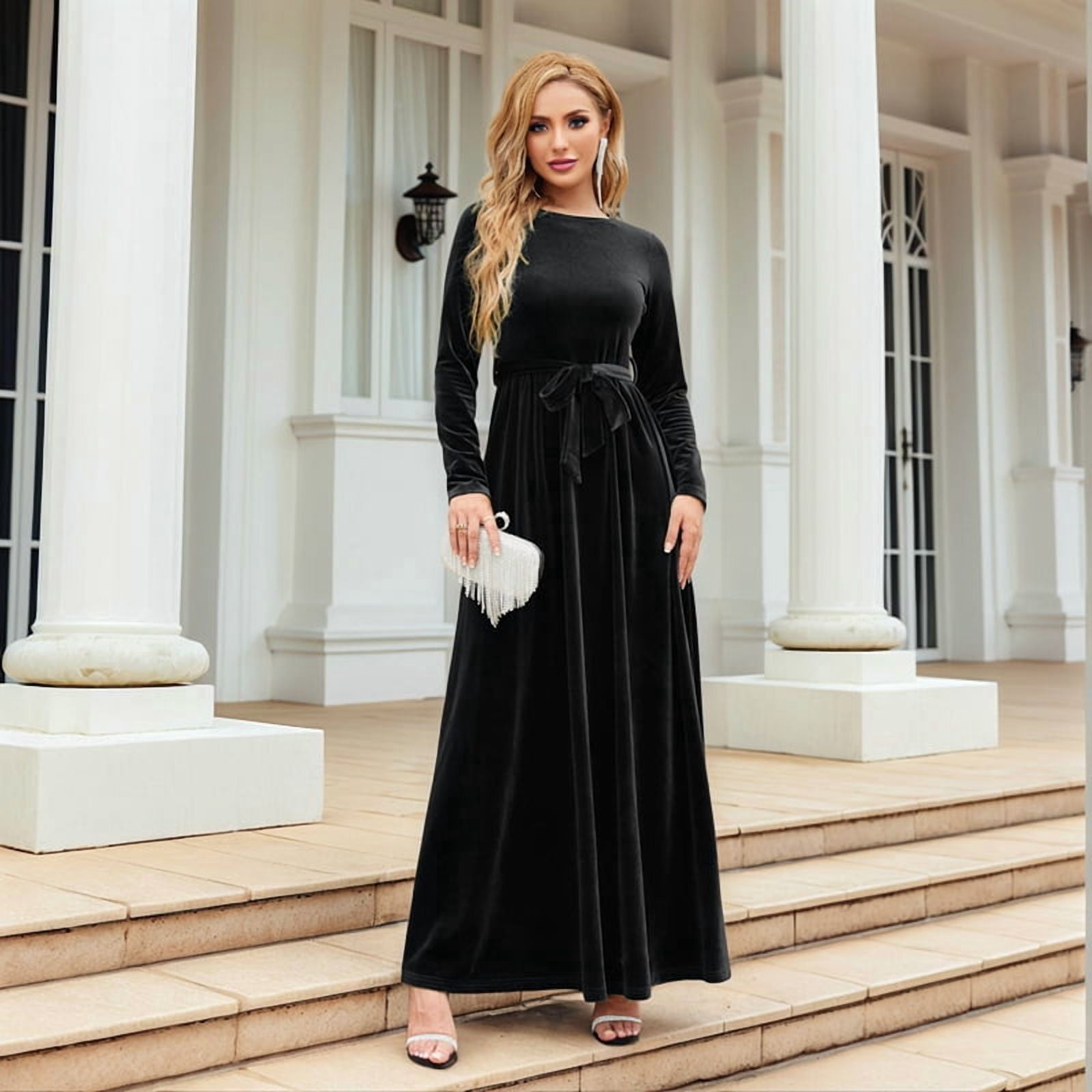 ChantMantras Women's Belted Velvet Maxi Dress with Pockets in Black (photo 4)