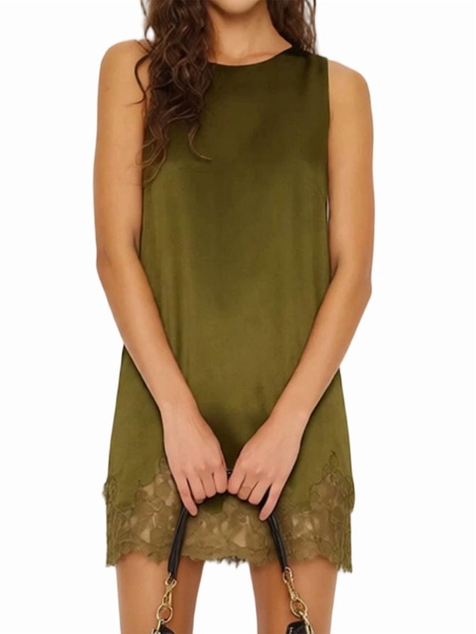 ChantMantras Women's Sleeveless Lace Hem Shift Dress in Olive Green (photo 3)