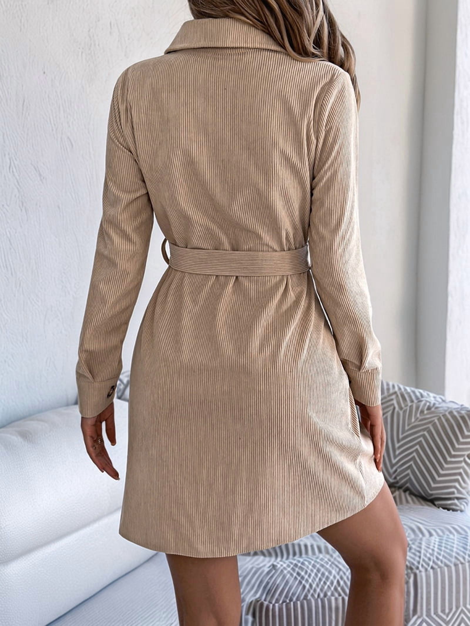 ChantMantras Women's Belted Long Sleeve Mini Shirt Dress in Tan (photo 3)