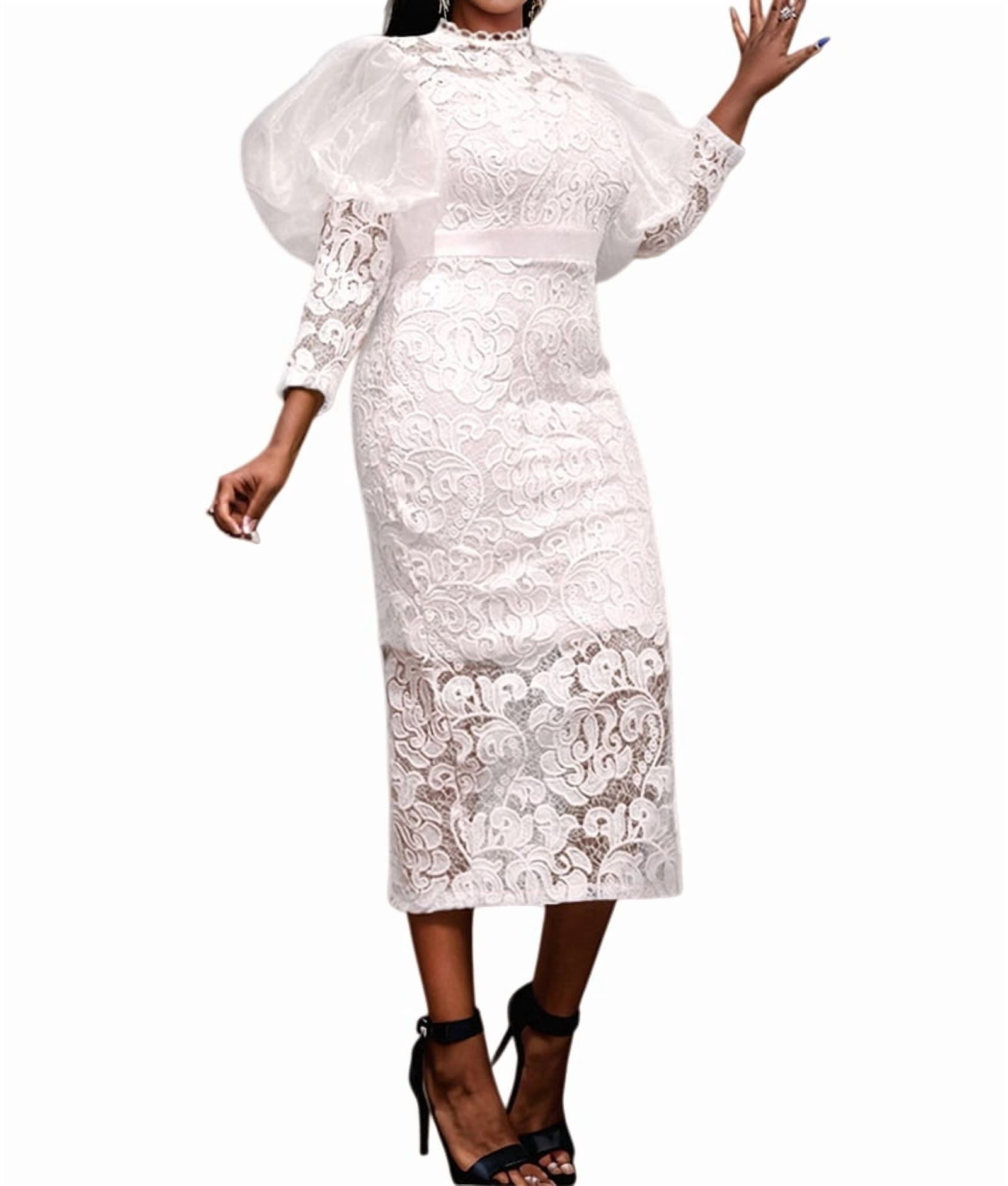 ChantMantras Women's Puff Sleeve Lace Pencil Midi Dress in White