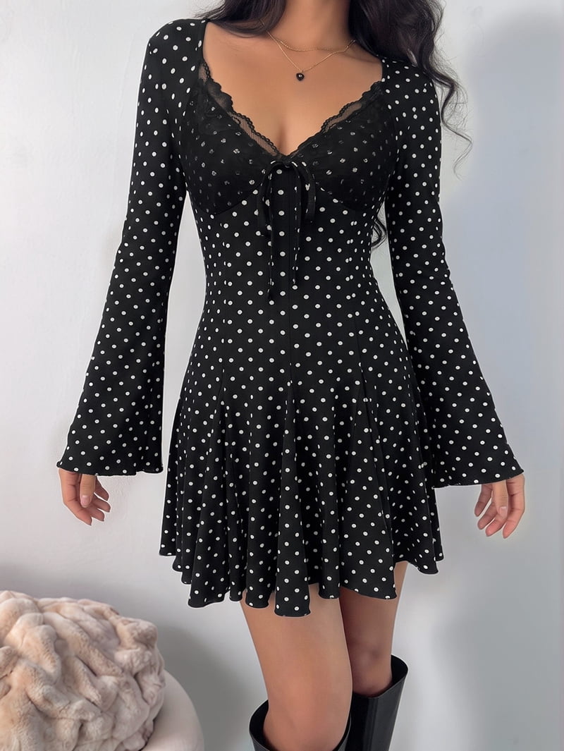 ChantMantras Women's Polka Dot Lace Trim Long Sleeve Mini Dress in Black (photo 6)