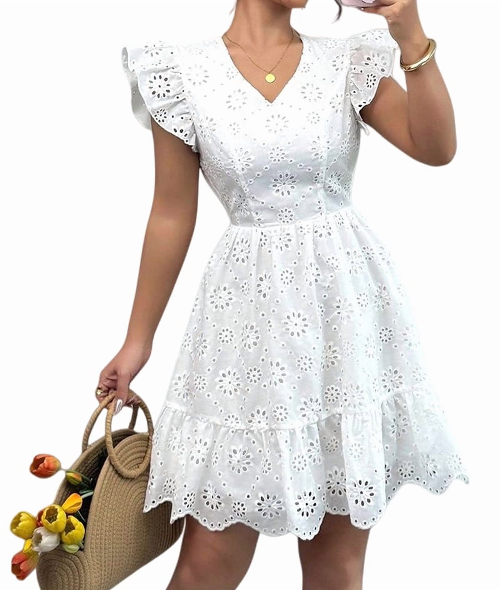 ChantMantras Women's Eyelet Lace Babydoll Mini Dress in White (photo 2)