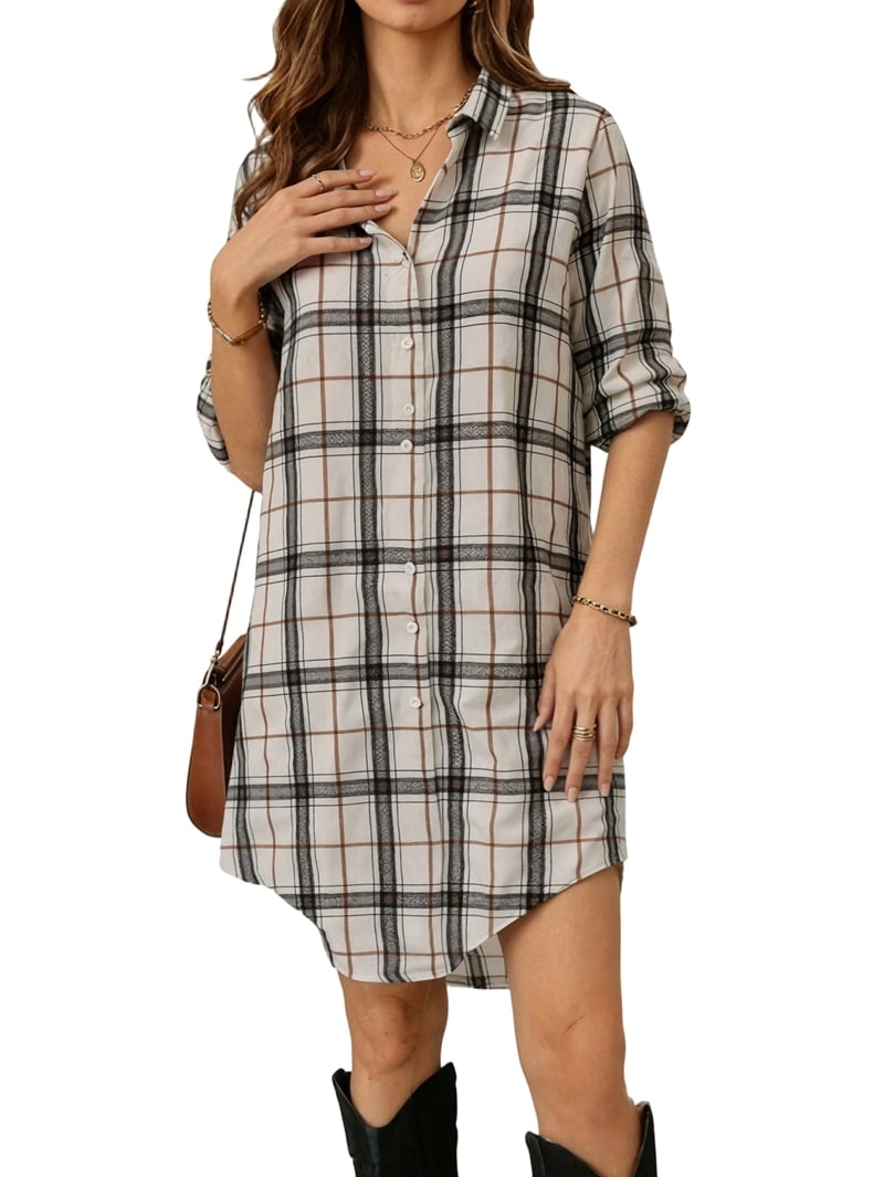 ChantMantras Women's Plaid Long Sleeve Shirt Dress in Beige and Black (photo 2)