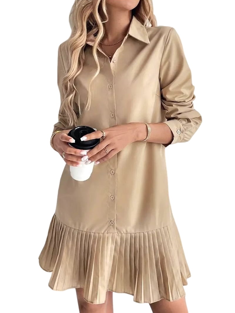 ChantMantras Women's Long Sleeve Shirt Dress with Pleated Hem in Khaki (photo 2)