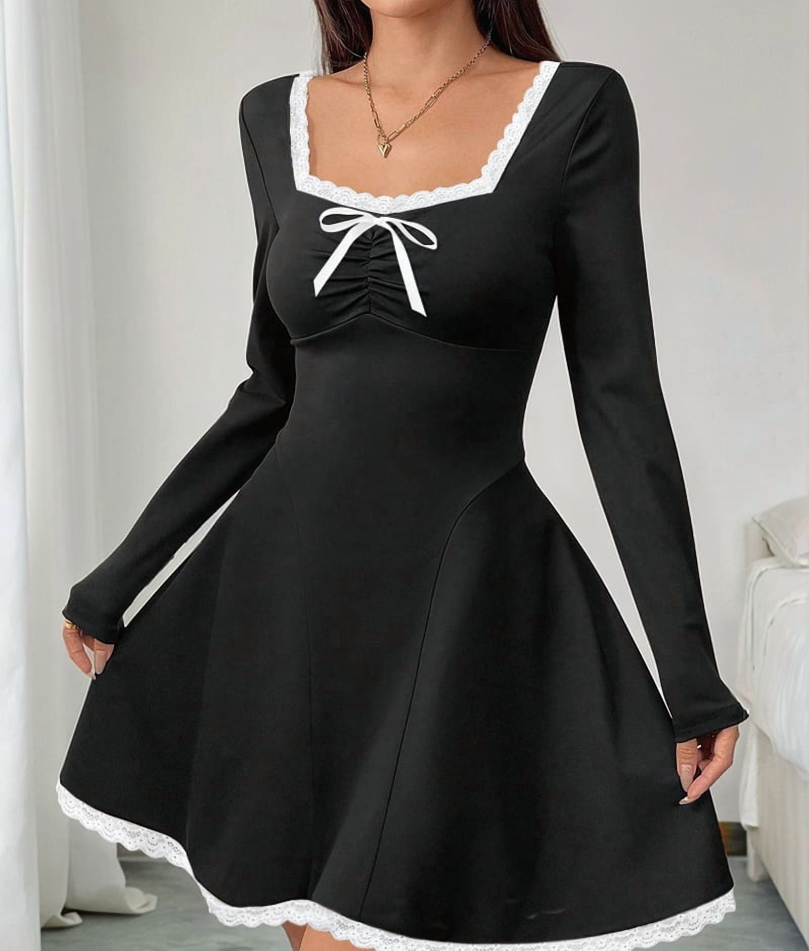 ChantMantras Women's Lace Trim Square Neck Mini Dress with Bow in Black (photo 5)