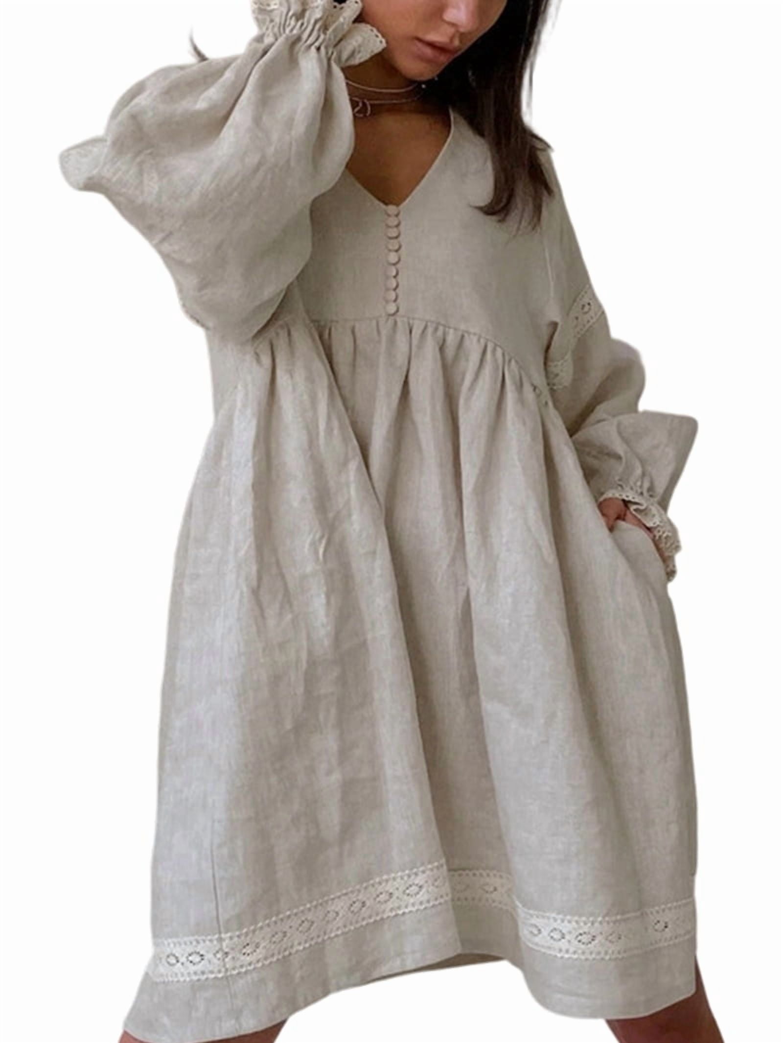 ChantMantras Women's Cotton Linen Lace Trim Babydoll Dress in Oatmeal
