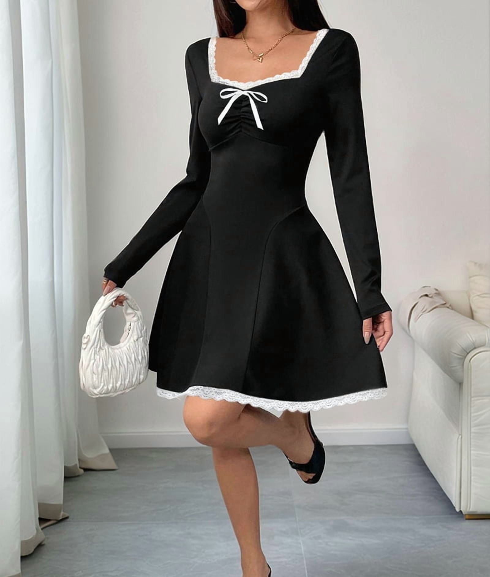 ChantMantras Women's Lace Trim Square Neck Mini Dress with Bow in Black (photo 8)
