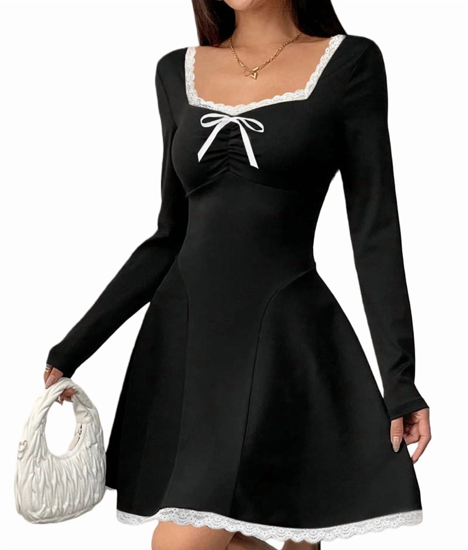 ChantMantras Women's Lace Trim Square Neck Mini Dress with Bow in Black (photo 3)
