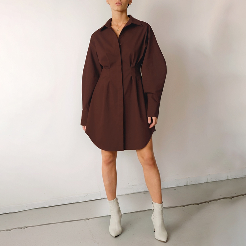 ChantMantras Women's Long Sleeve Pleated Waist Shirt Dress in Brown (photo 4)
