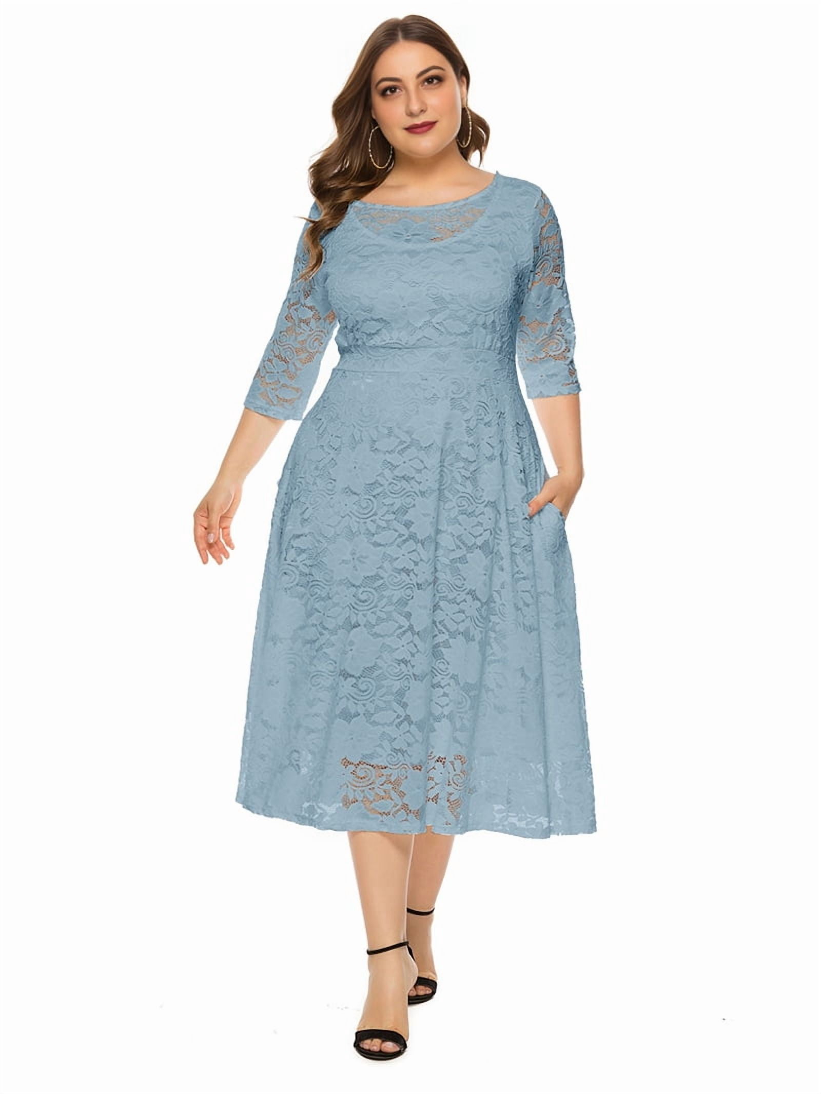 ChantMantras Women's Floral Lace Midi Dress with Pockets in Dusty Blue (photo 5)