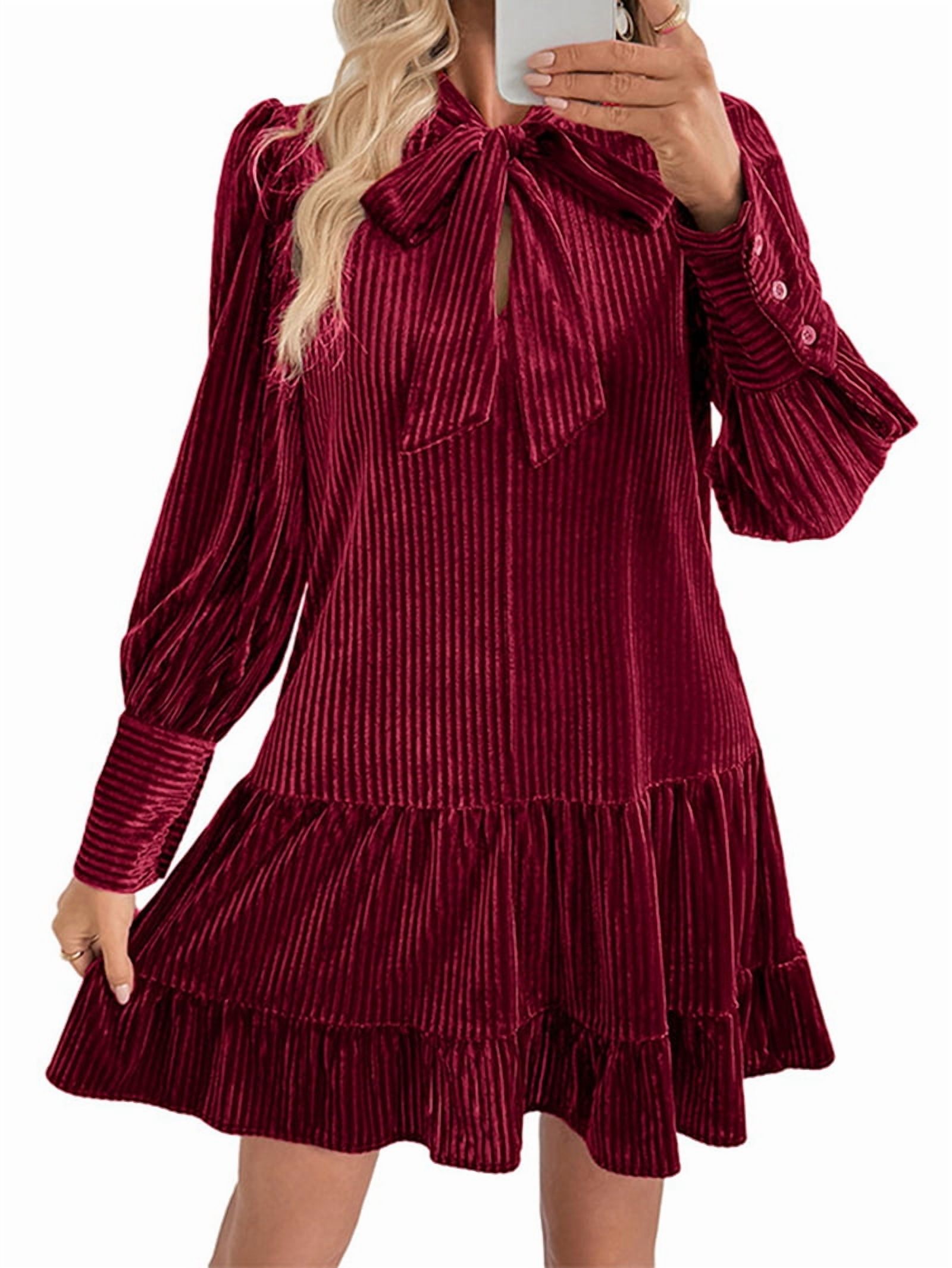 ChantMantras Women's Bow Tie Neck Velvet Babydoll Mini Dress in Wine Red (photo 2)