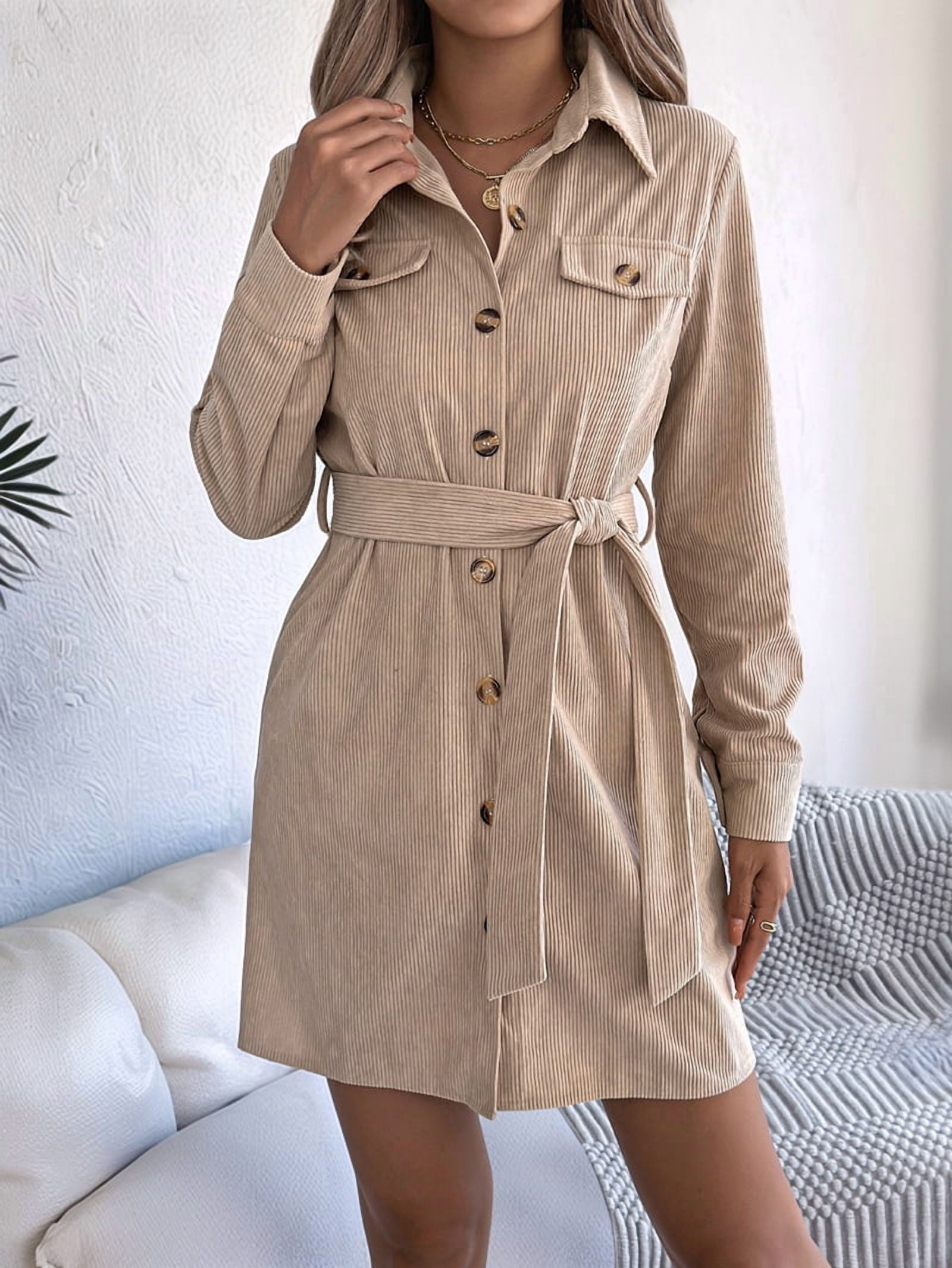 ChantMantras Women's Belted Long Sleeve Mini Shirt Dress in Tan (photo 4)