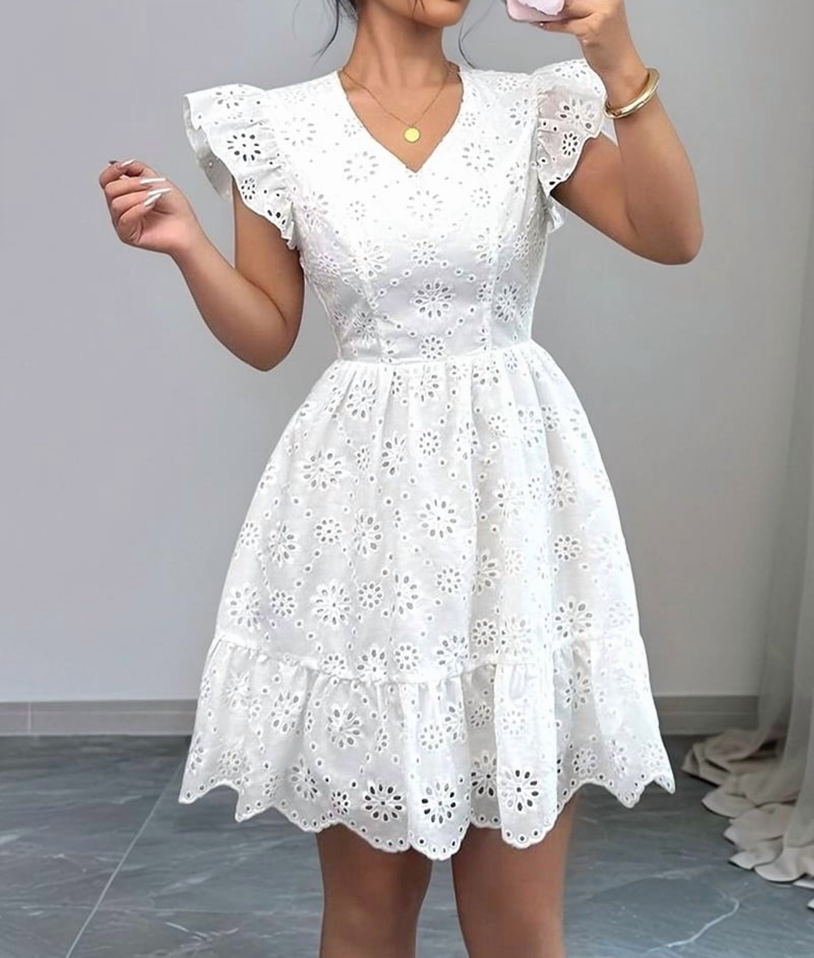ChantMantras Women's Eyelet Lace Babydoll Mini Dress in White (photo 4)
