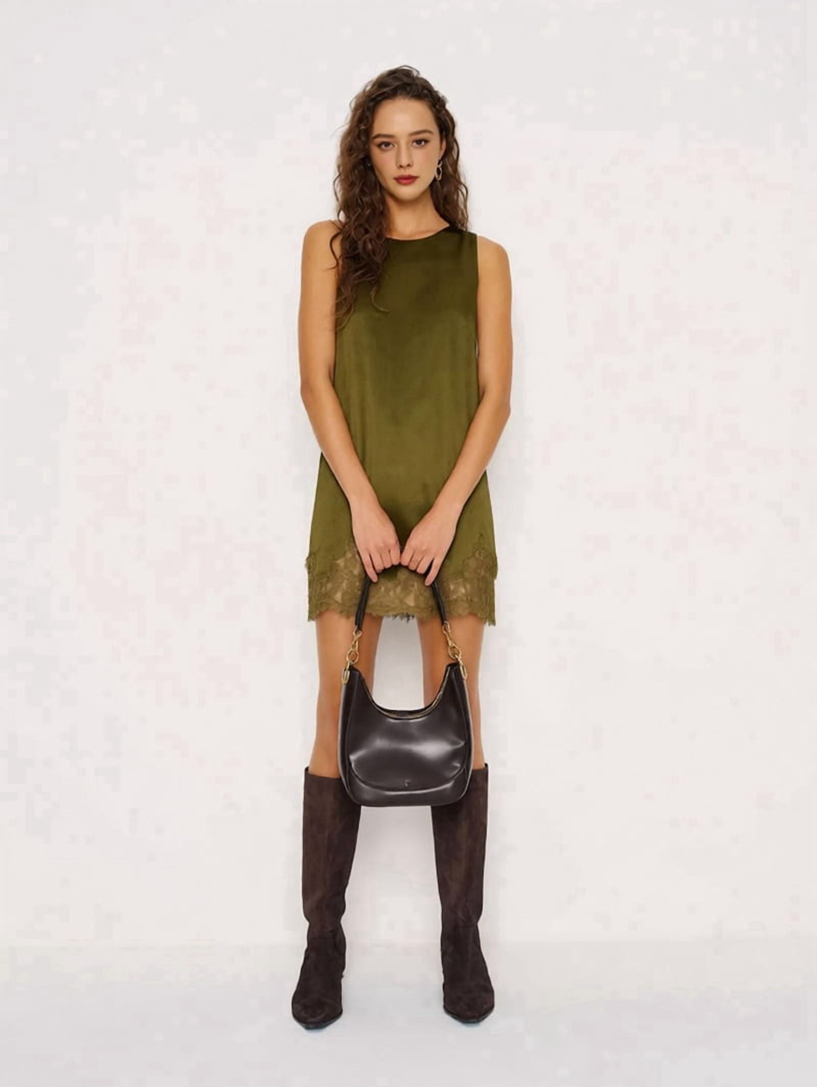 ChantMantras Women's Sleeveless Lace Hem Shift Dress in Olive Green (photo 6)