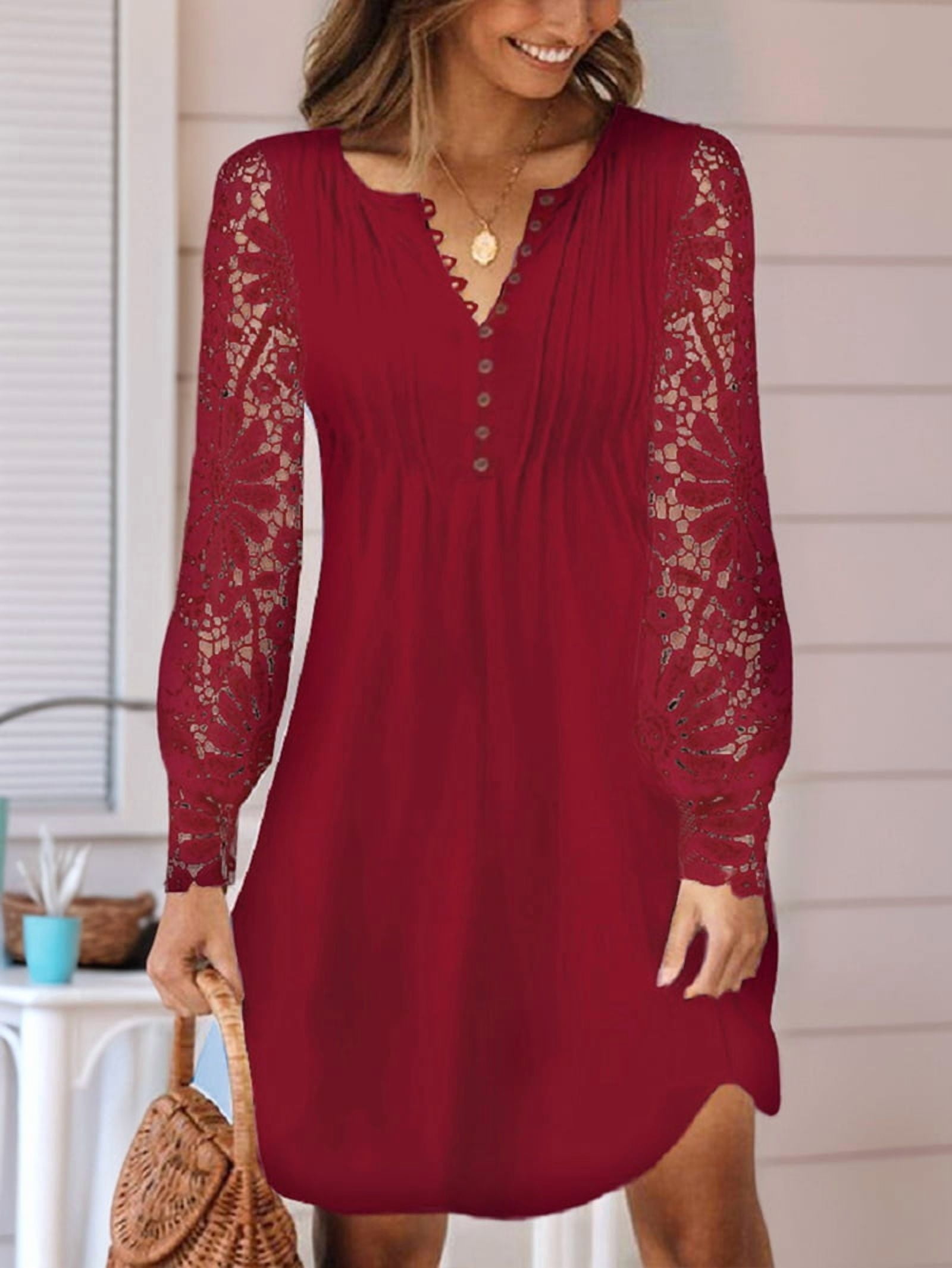 ChantMantras Women's Lace Sleeve Pintuck Shift Dress in Wine Red (photo 5)