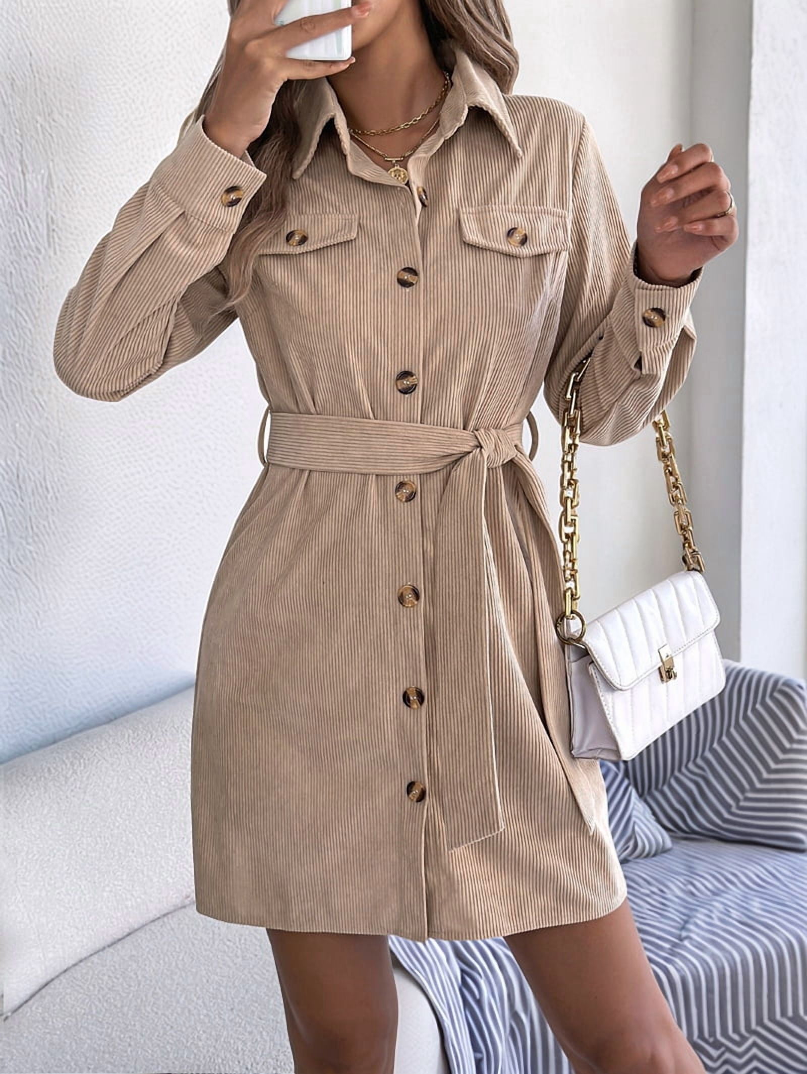 ChantMantras Women's Belted Long Sleeve Mini Shirt Dress in Tan (photo 5)