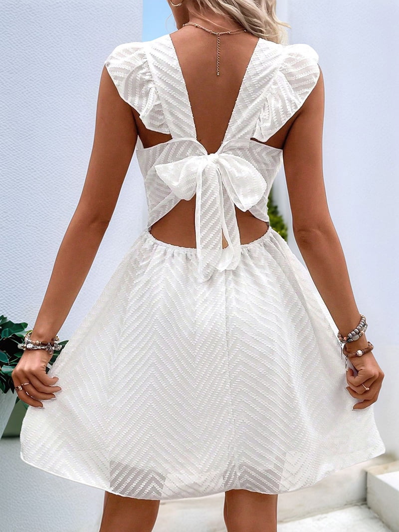 ChantMantras Women's Flutter Sleeve Lace Waist Mini Dress in White (photo 7)