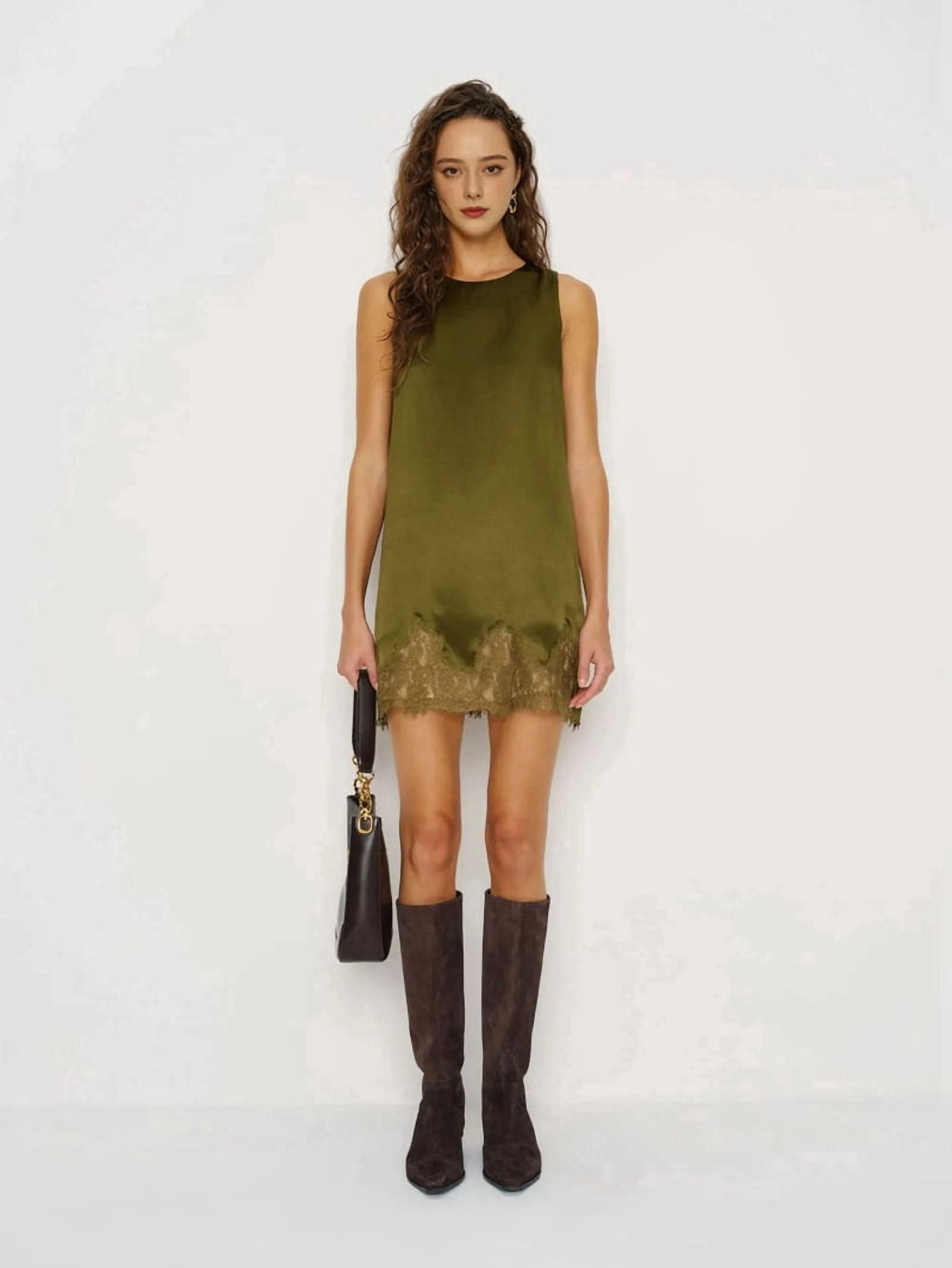 ChantMantras Women's Sleeveless Lace Hem Shift Dress in Olive Green (photo 4)