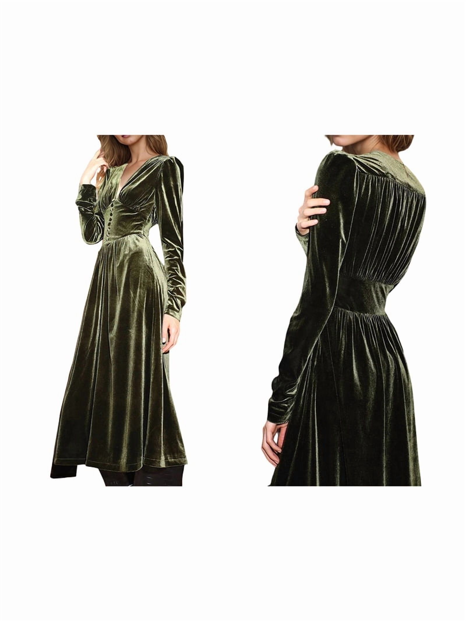 ChantMantras Women's Puff Sleeve Velvet Midi Dress in Olive Green (photo 2)