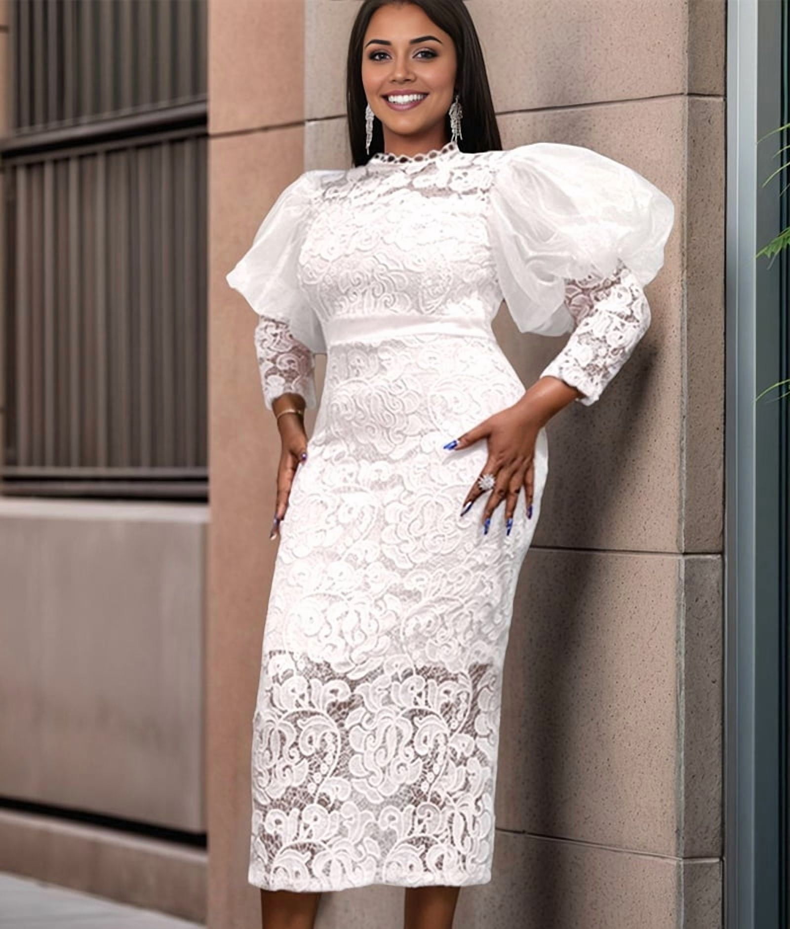 ChantMantras Women's Puff Sleeve Lace Pencil Midi Dress in White (photo 5)