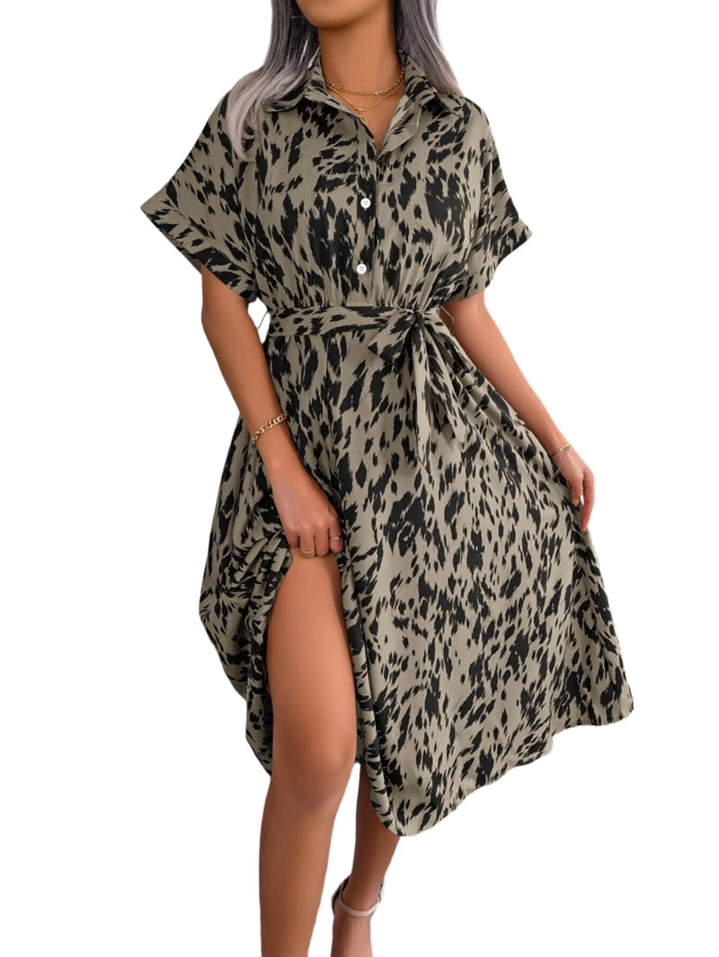 ChantMantras Women's Tie Waist Print Midi Shirt Dress in Khaki and Black (photo 2)