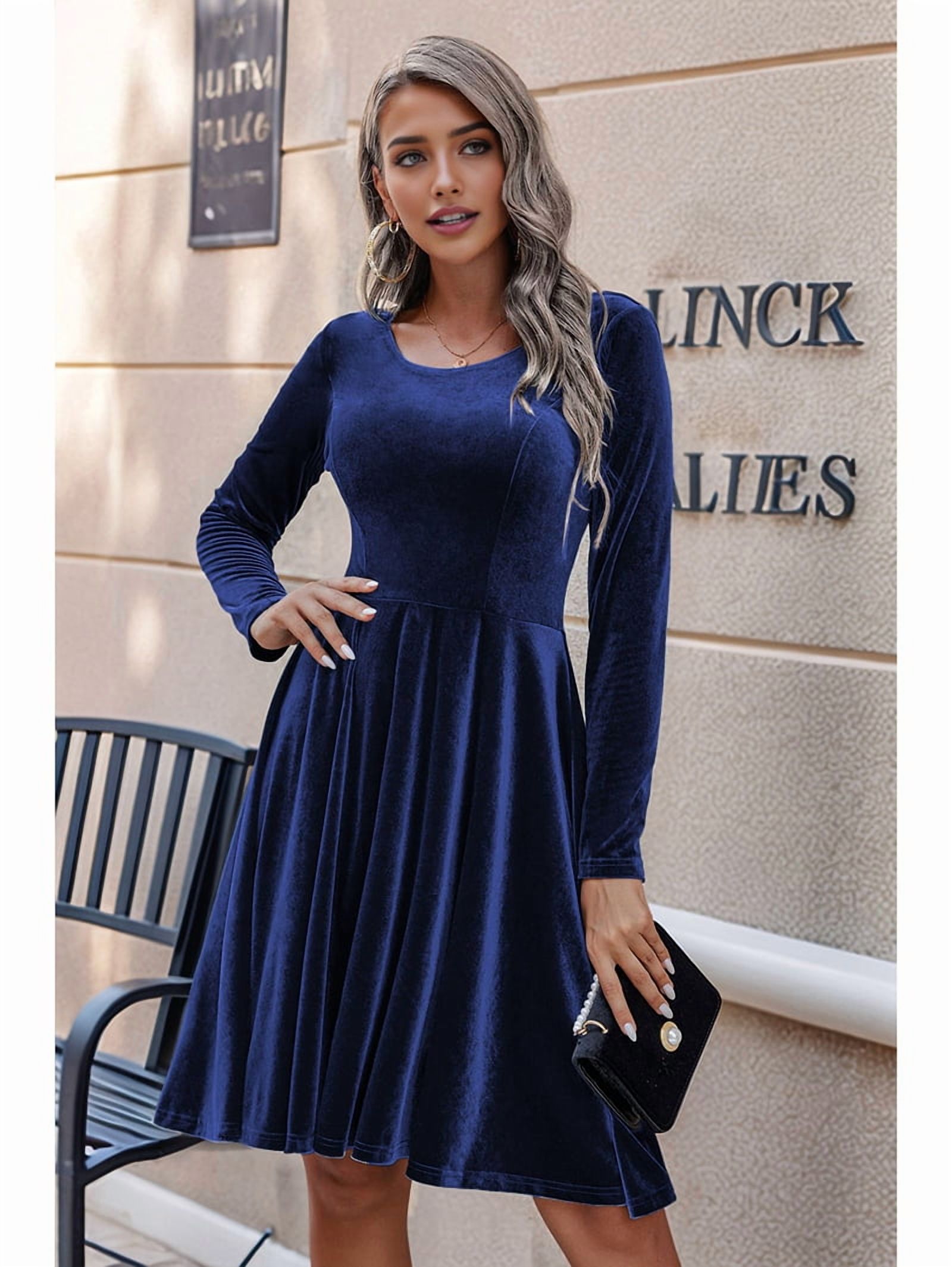ChantMantras Women's Long Sleeve Velvet Swing Dress in Navy (photo 4)