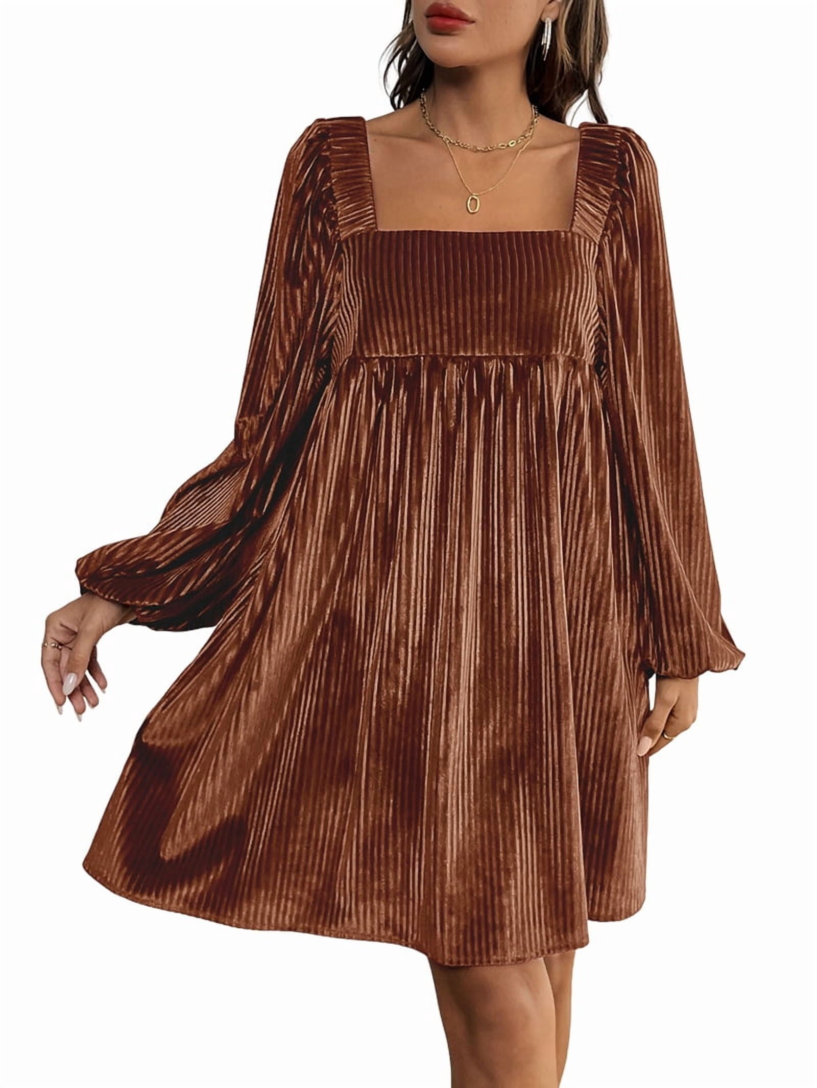 ChantMantras Women's Square Neck Velvet Babydoll Mini Dress in Brown