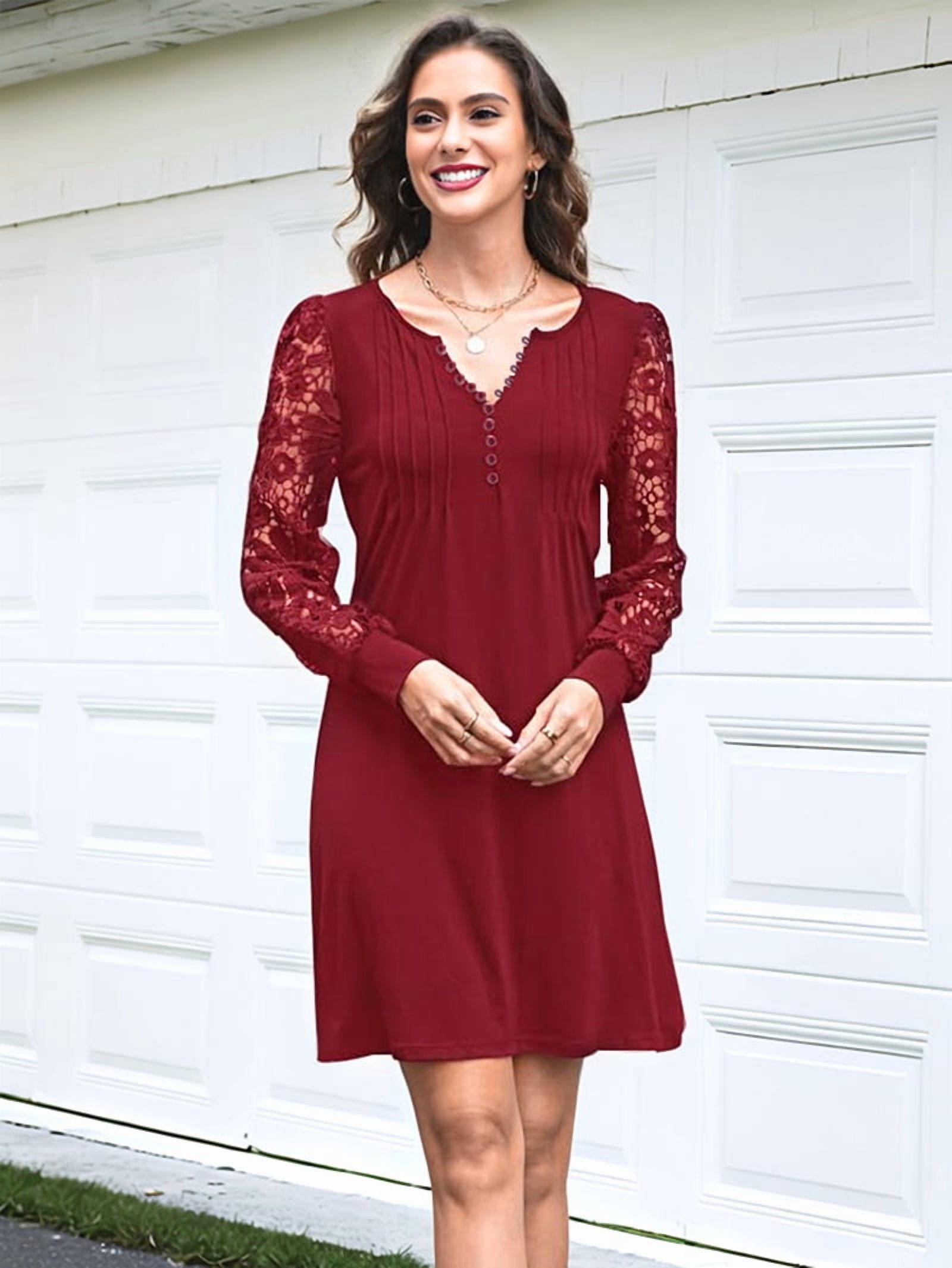 ChantMantras Women's Lace Sleeve Pintuck Shift Dress in Wine Red (photo 7)