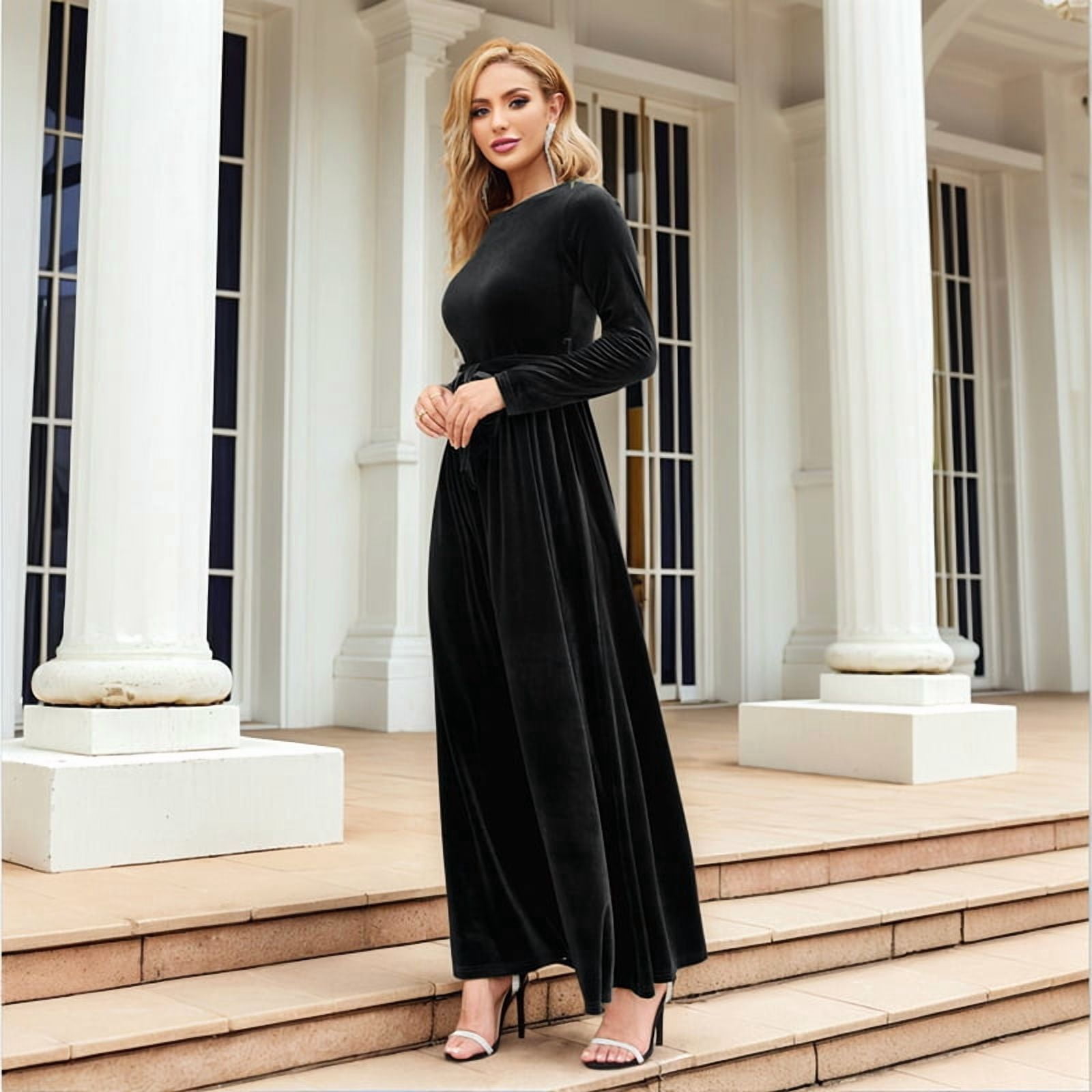 ChantMantras Women's Belted Velvet Maxi Dress with Pockets in Black (photo 5)