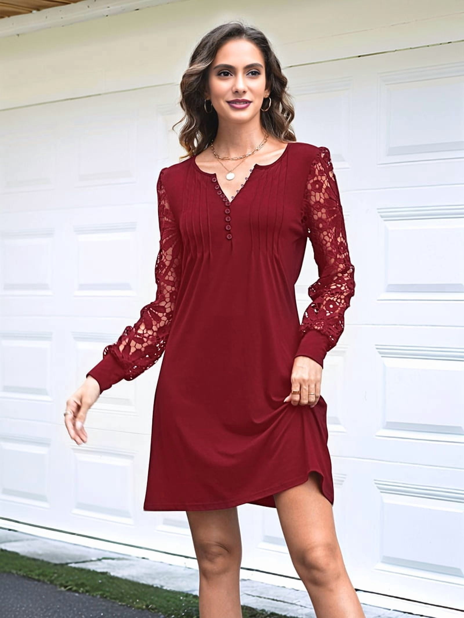 ChantMantras Women's Lace Sleeve Pintuck Shift Dress in Wine Red (photo 4)