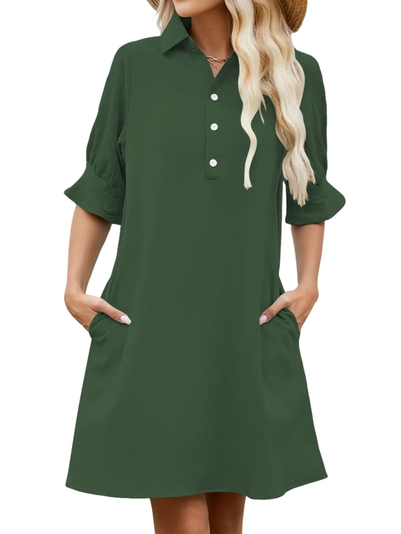 ChantMantras Women's Ruffle Sleeve Shirt Dress with Pockets in Green