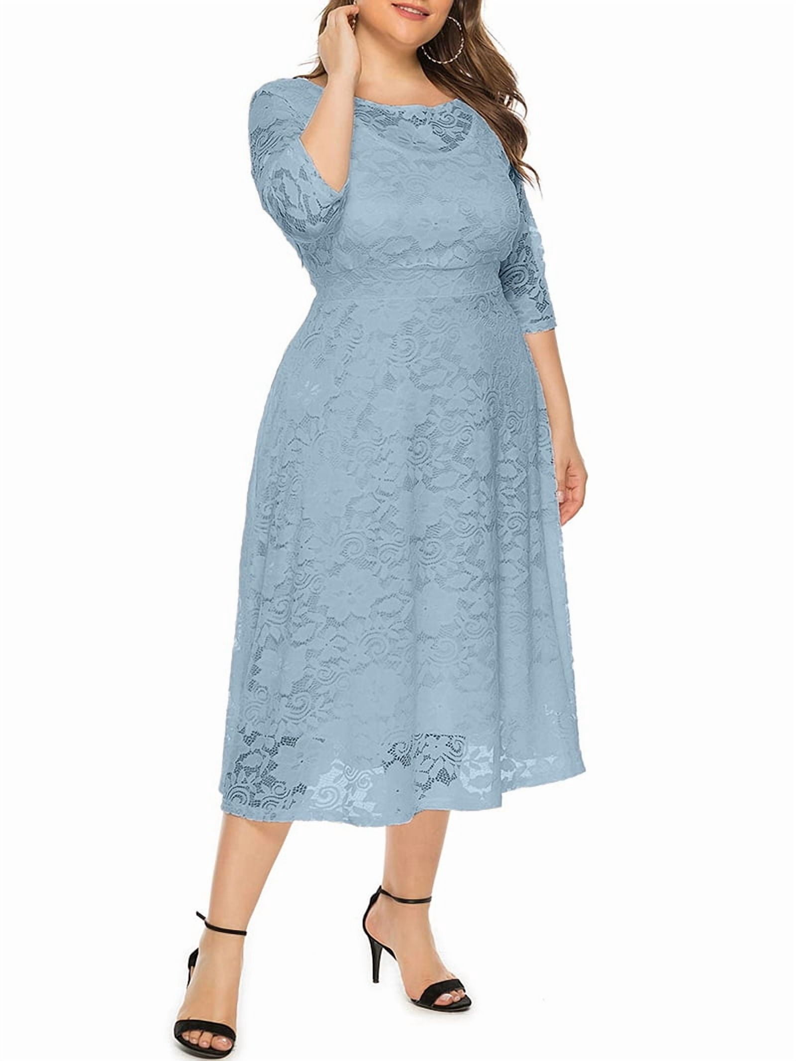 ChantMantras Women's Floral Lace Midi Dress with Pockets in Dusty Blue (photo 2)