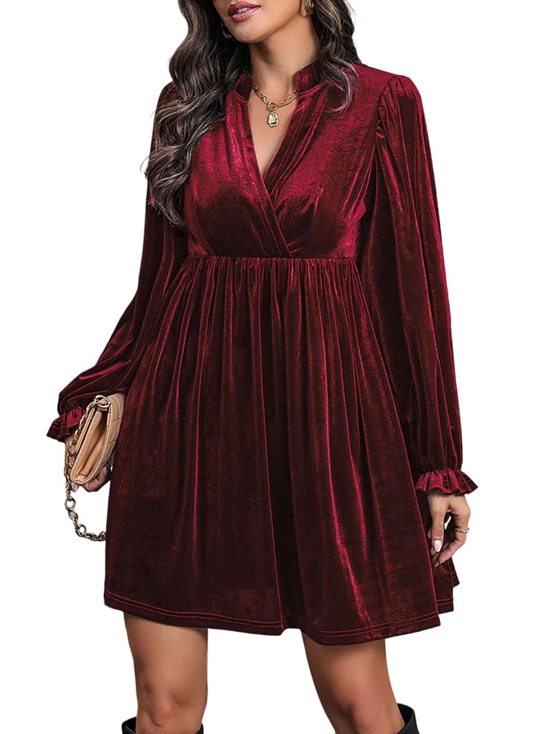 ChantMantras Women's Long Sleeve Velvet Babydoll Dress in Wine Red (photo 2)