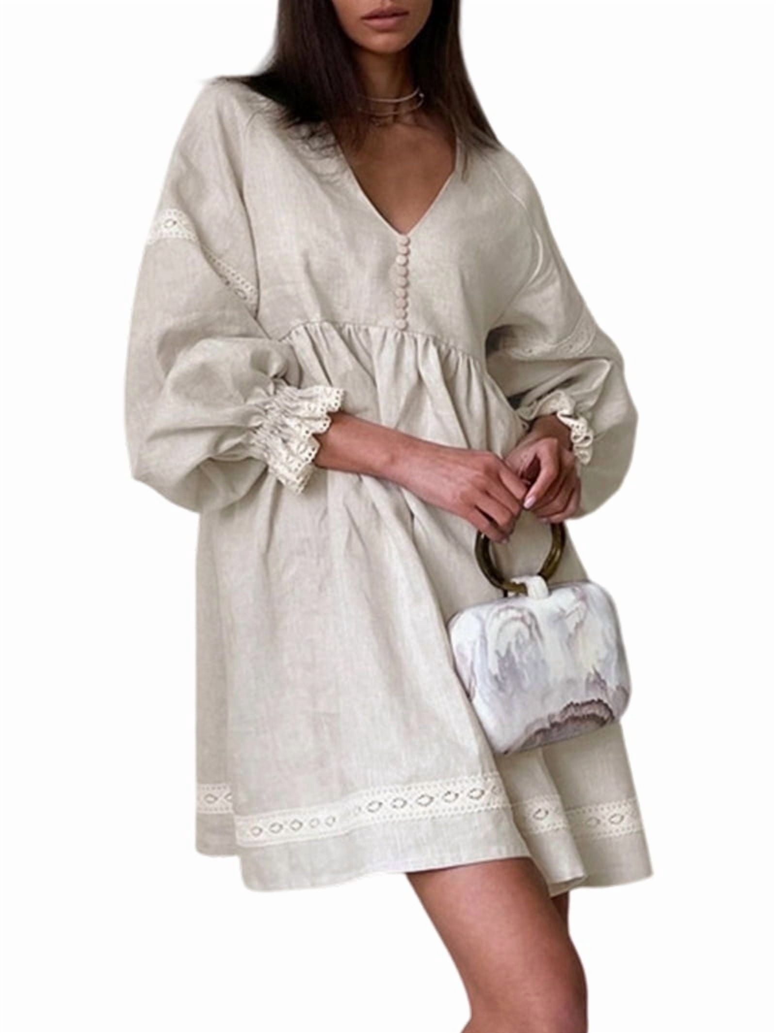 ChantMantras Women's Cotton Linen Lace Trim Babydoll Dress in Oatmeal (photo 2)