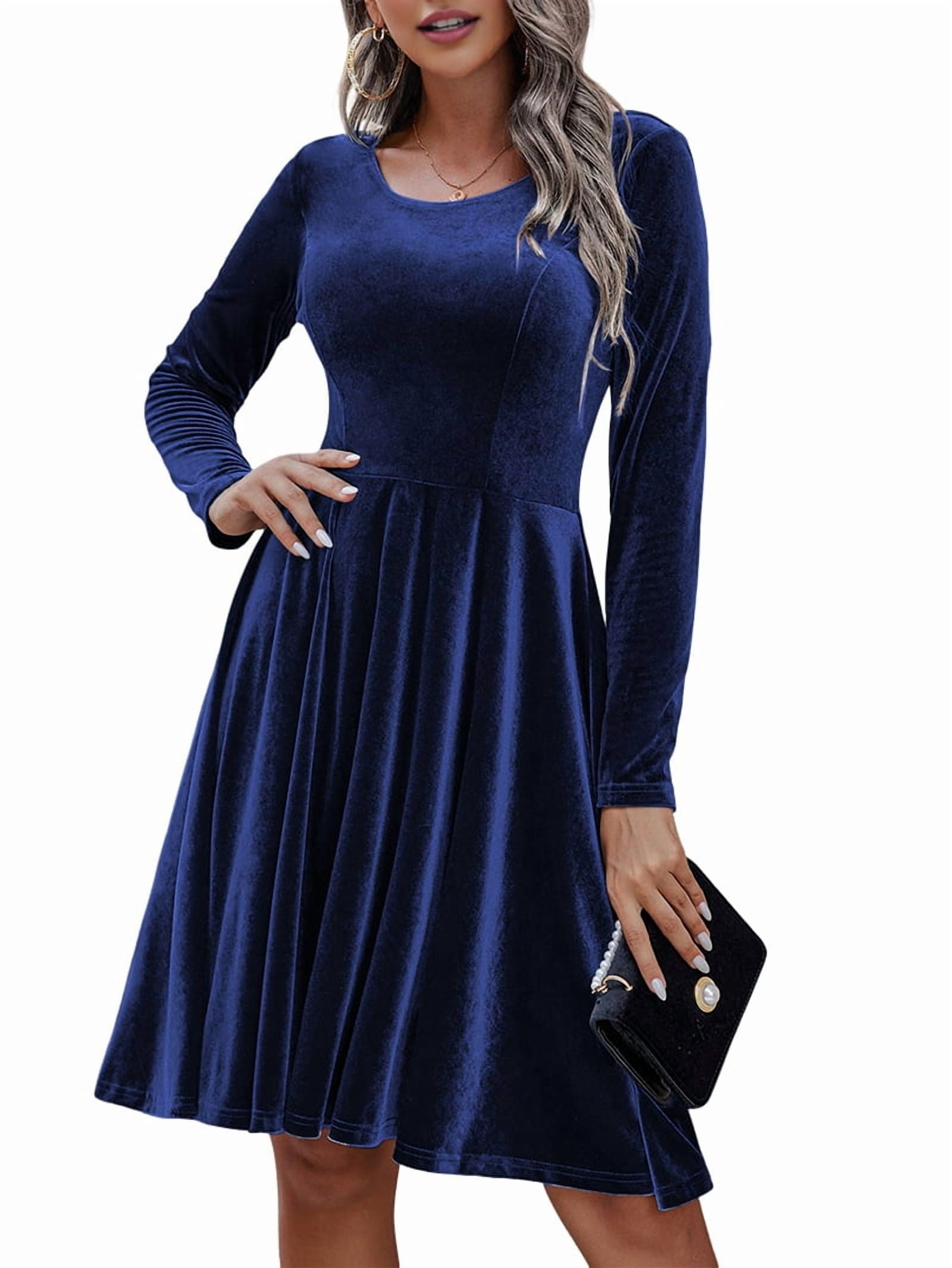 ChantMantras Women's Long Sleeve Velvet Swing Dress in Navy