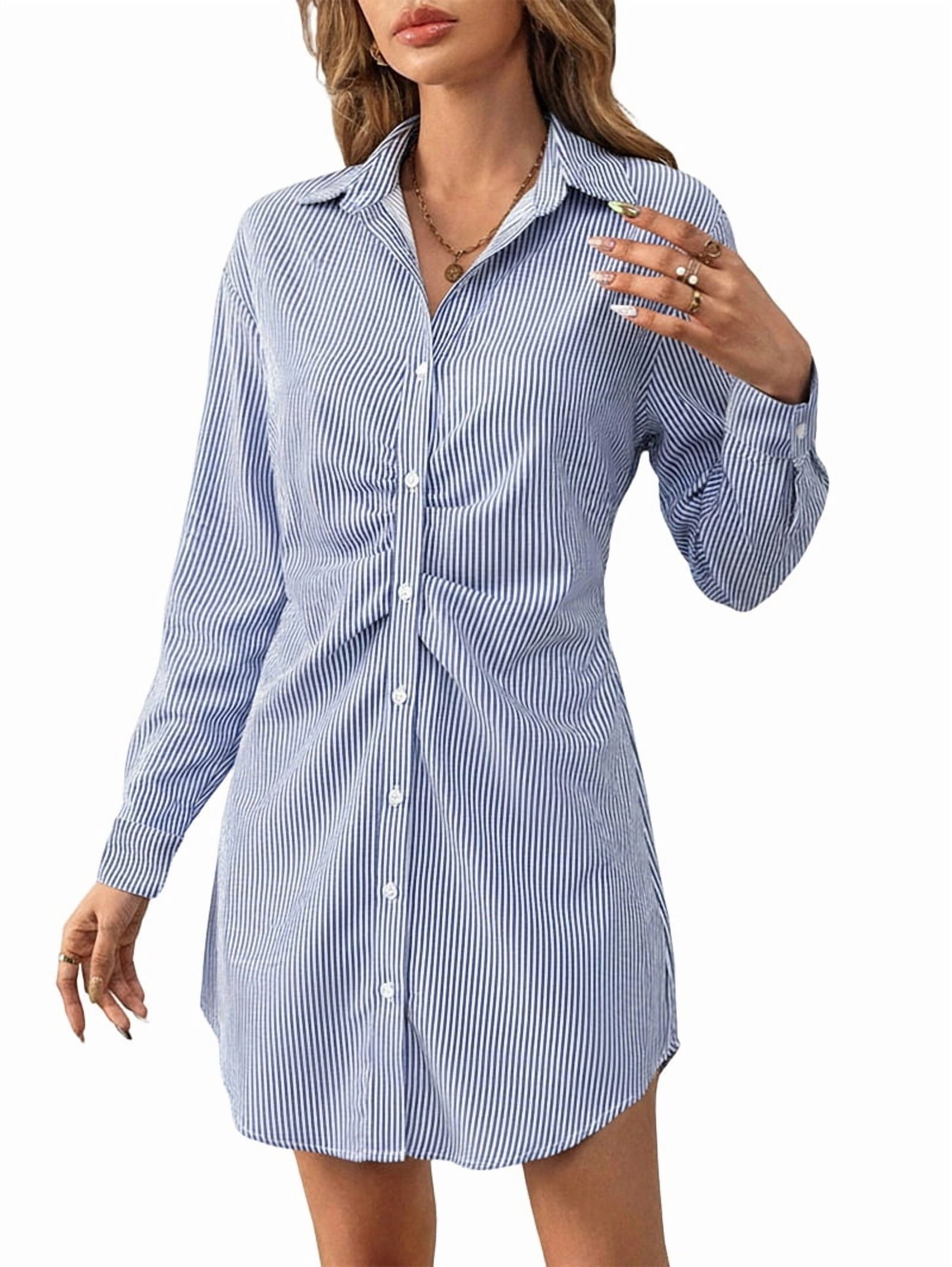 ChantMantras Women's Striped Ruched Waist Shirt Dress in Blue and White (photo 3)