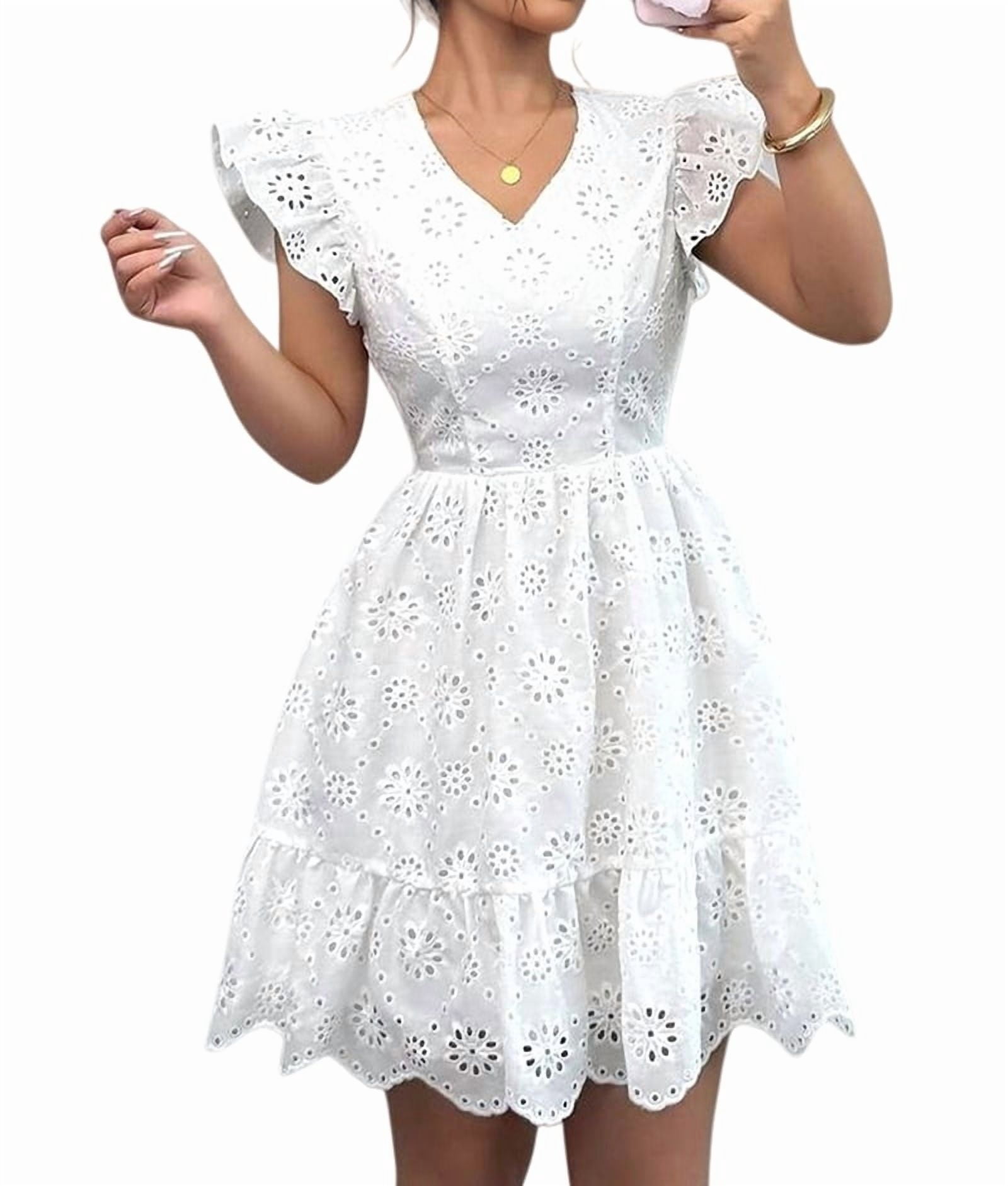 ChantMantras Women's Eyelet Lace Babydoll Mini Dress in White (photo 3)