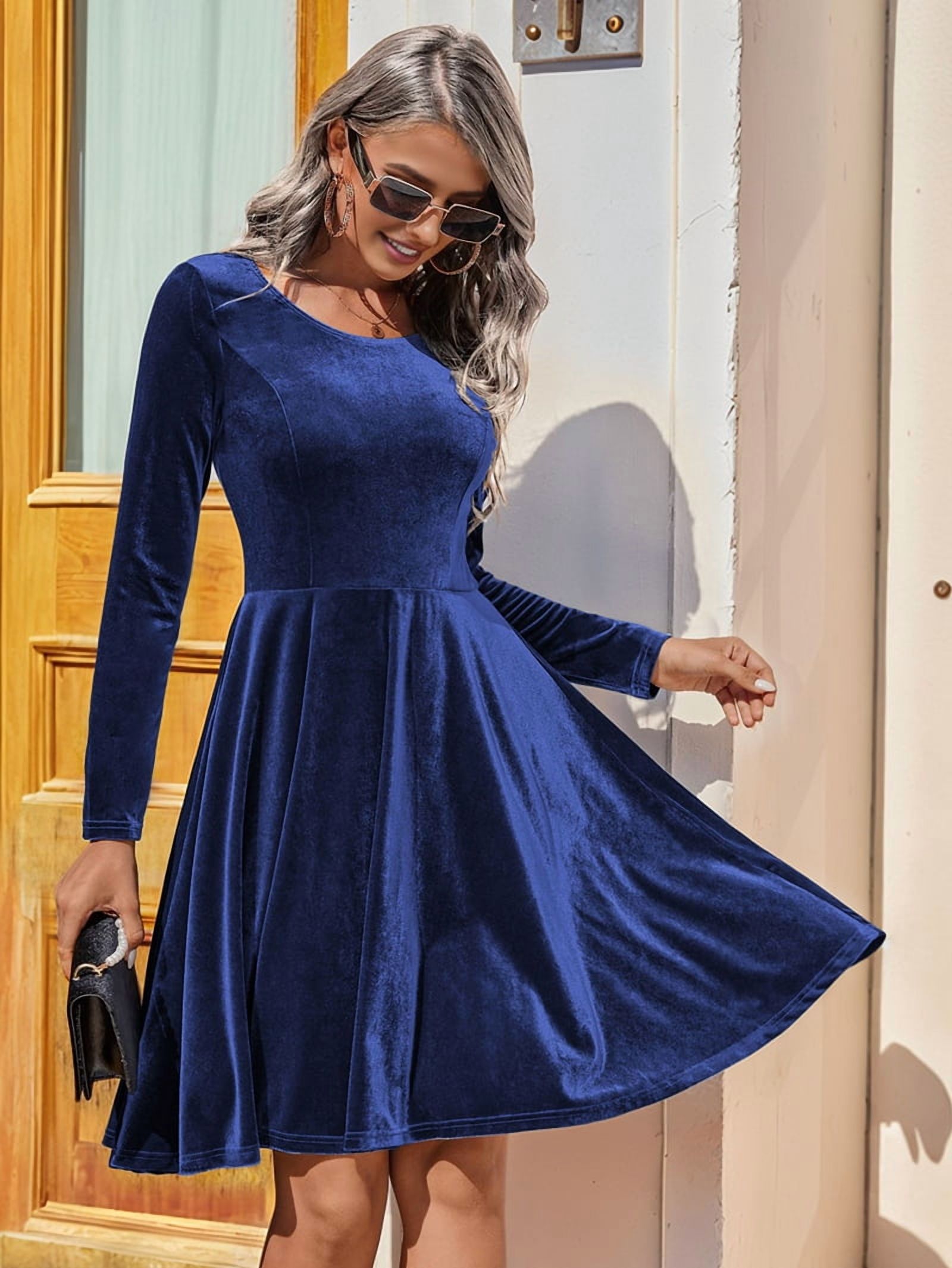 ChantMantras Women's Long Sleeve Velvet Swing Dress in Navy (photo 5)