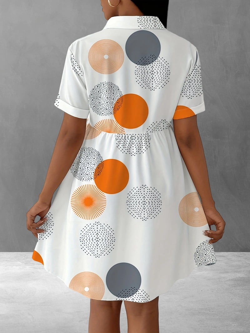 ChantMantras Women's Short Sleeve Circle Print Shirt Dress in White (photo 7)