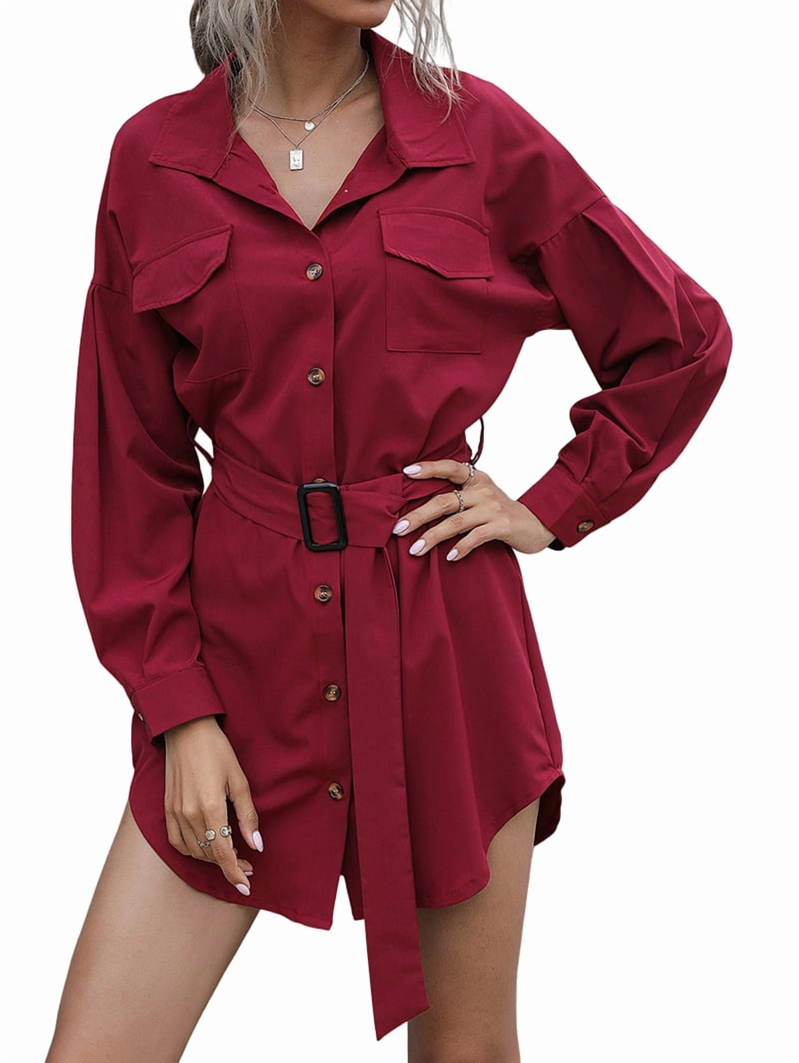 ChantMantras Women's Belted Long Sleeve Shirt Dress in Wine Red (photo 2)