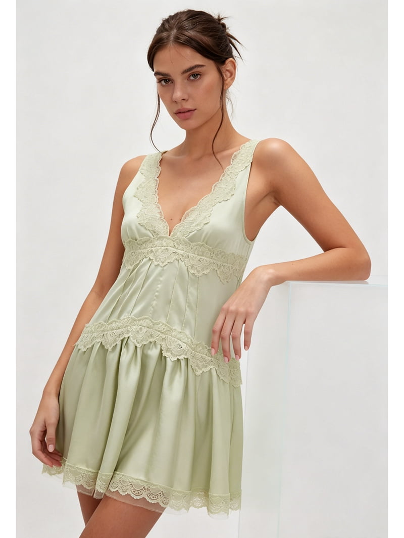 ChantMantras Women's Lace Trim V-Neck Slip Mini Dress in Sage Green (photo 6)