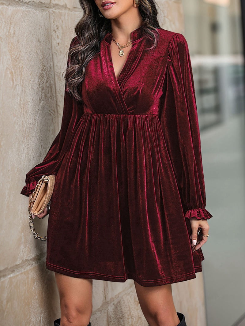 ChantMantras Women's Long Sleeve Velvet Babydoll Dress in Wine Red (photo 4)
